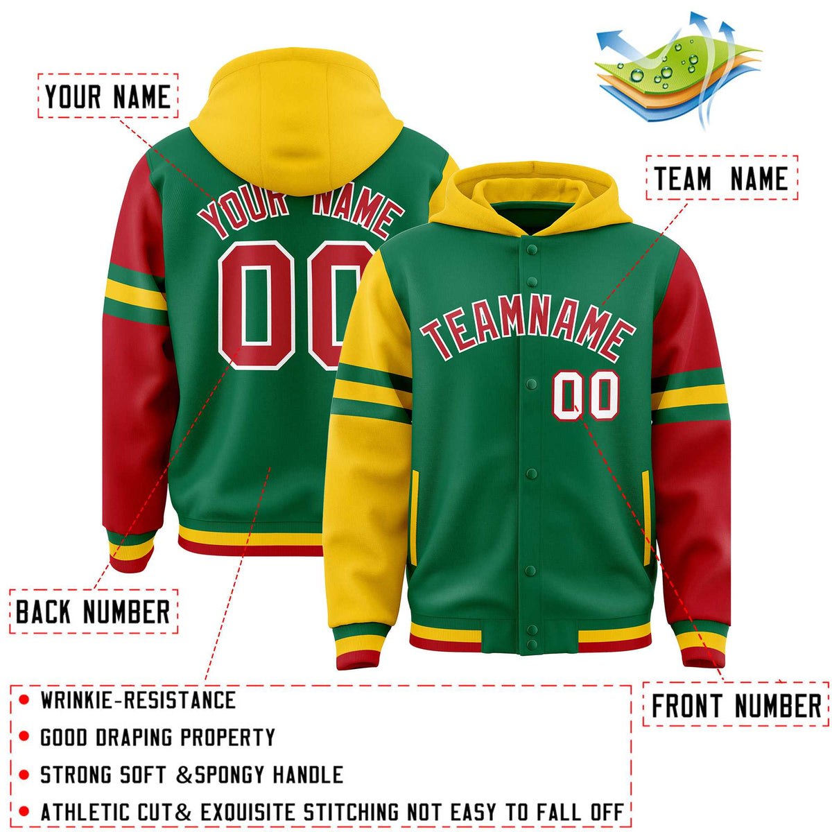 Custom Kelly Green Gold-Red Raglan Sleeves Varsity Full-Snap Letterman Three Stripes Jacket Hoodie| KXKSHOP