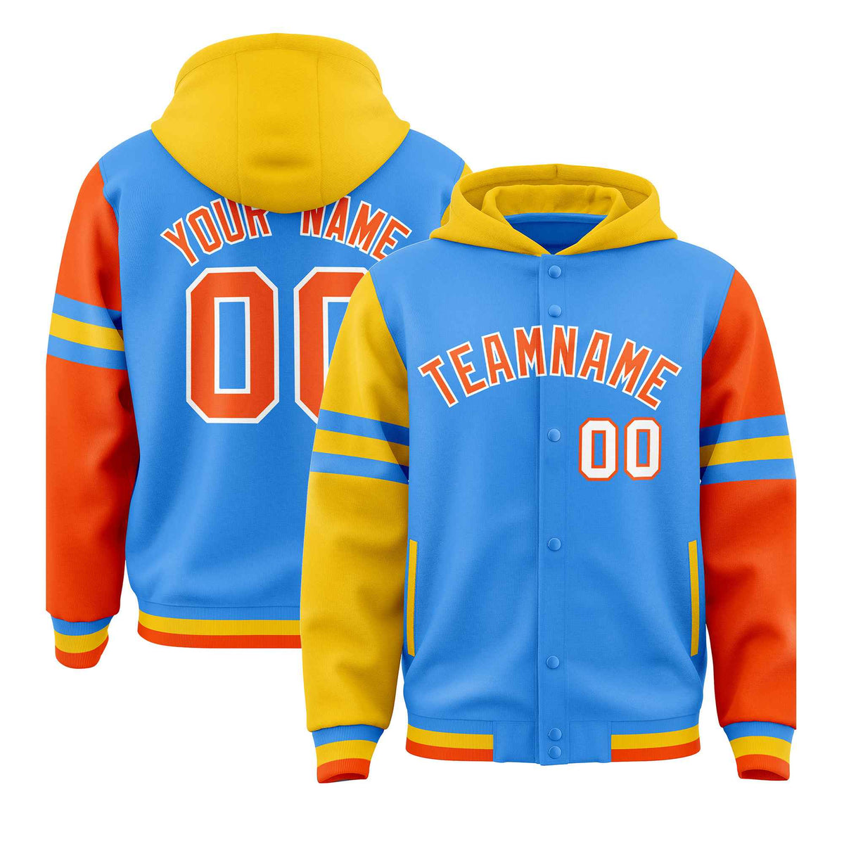 Custom Powder Blue Gold-Orange Raglan Sleeves Varsity Full-Snap Letterman Three Stripes Jacket Hoodie| KXKSHOP