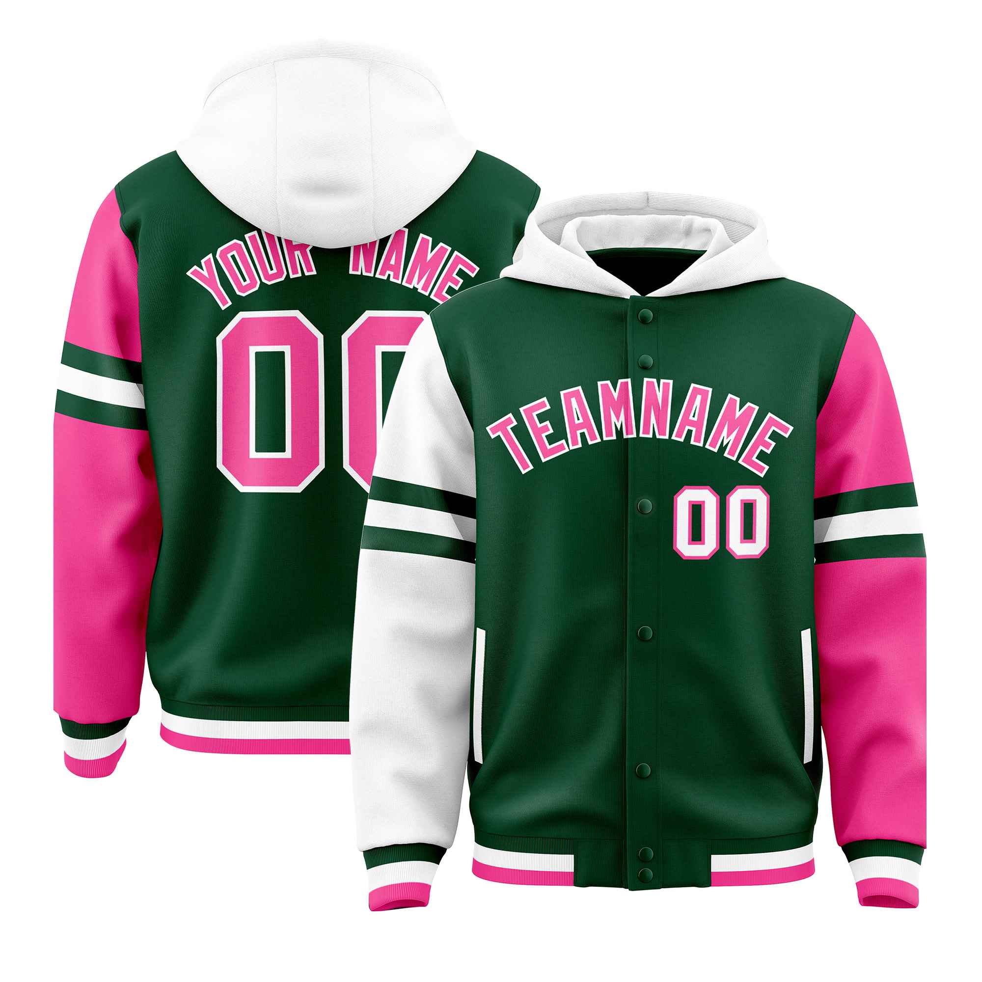 Custom Green White-Pink Raglan Sleeves Varsity Full-Snap Letterman Three Stripes Jacket Hoodie| KXKSHOP