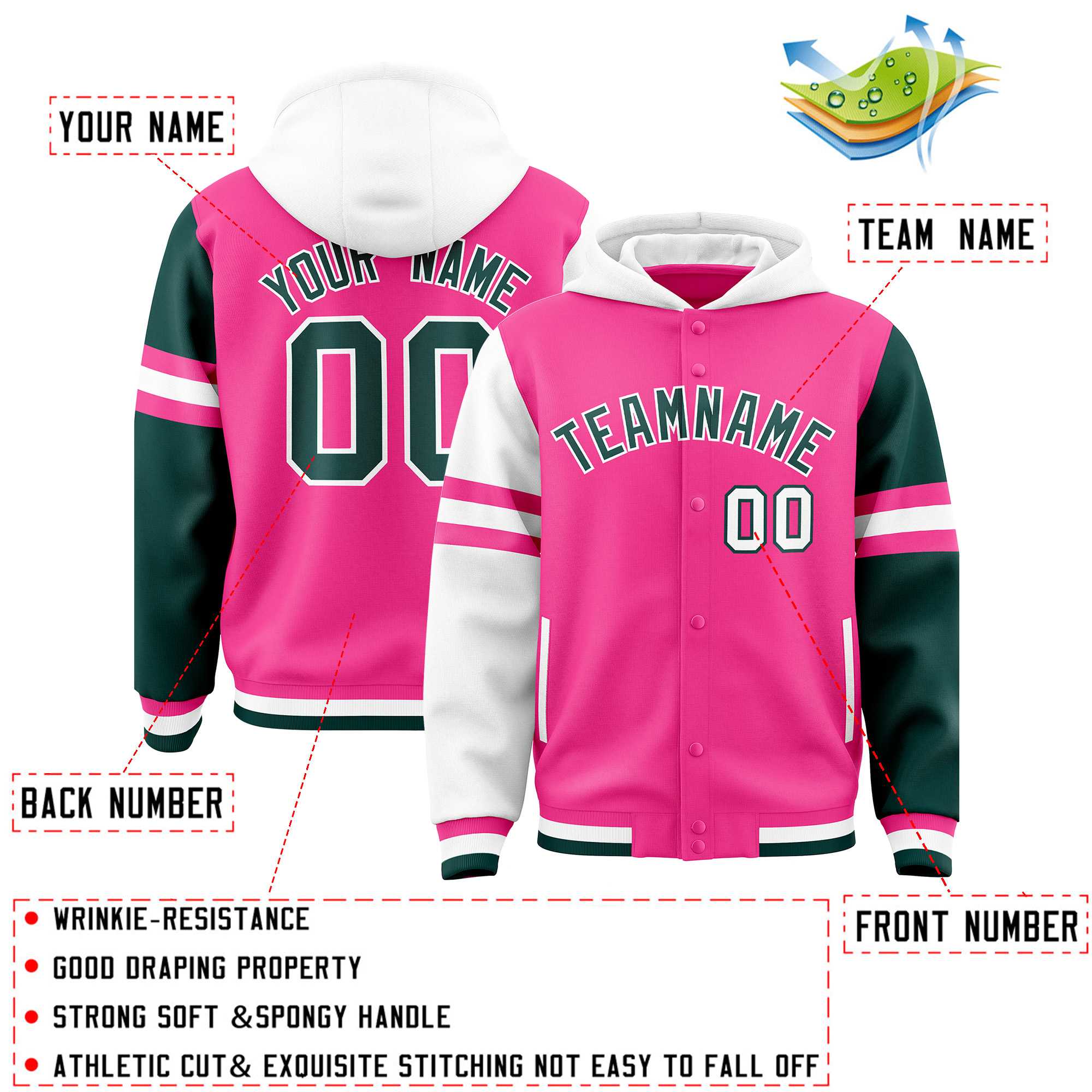 Custom Pink White-Midnight Green Raglan Sleeves Varsity Full-Snap Letterman Three Stripes Jacket Hoodie| KXKSHOP