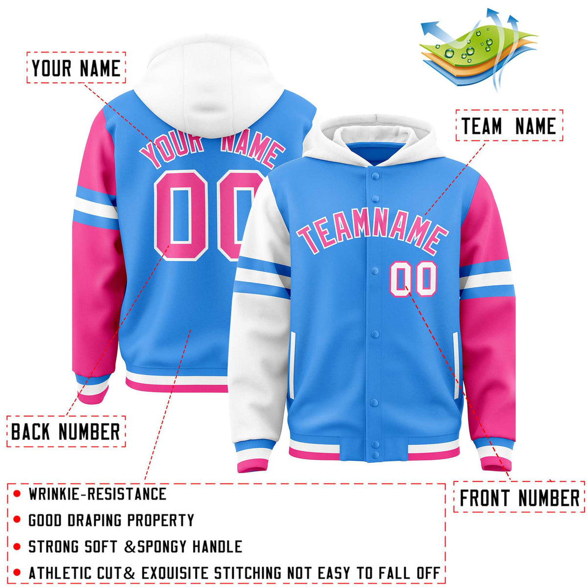 Custom Powder Blue White-Pink Raglan Sleeves Varsity Full-Snap Letterman Three Stripes Jacket Hoodie| KXKSHOP