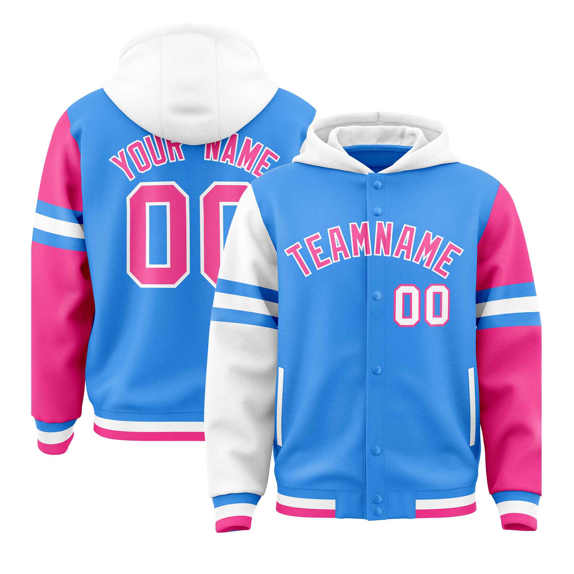 Custom Powder Blue White-Pink Raglan Sleeves Varsity Full-Snap Letterman Three Stripes Jacket Hoodie| KXKSHOP