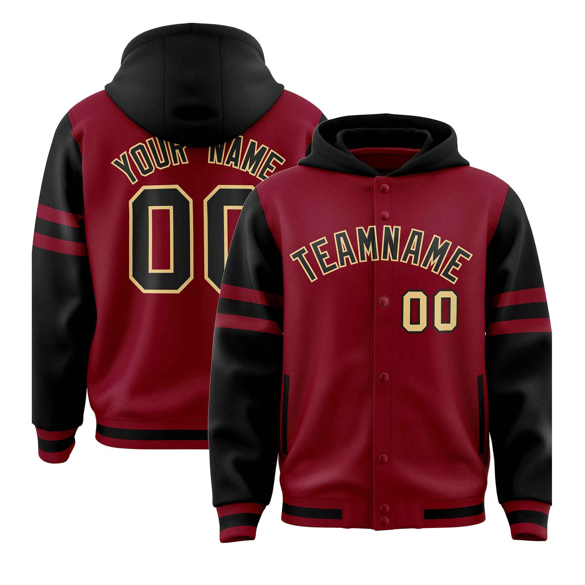 Custom Crimson Black Raglan Sleeves Varsity Full-Snap Letterman Three Stripes Jacket Hoodie| KXKSHOP