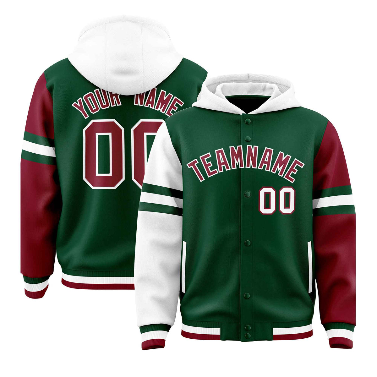 Custom Green White-Crimson Raglan Sleeves Varsity Full-Snap Letterman Three Stripes Jacket Hoodie| KXKSHOP