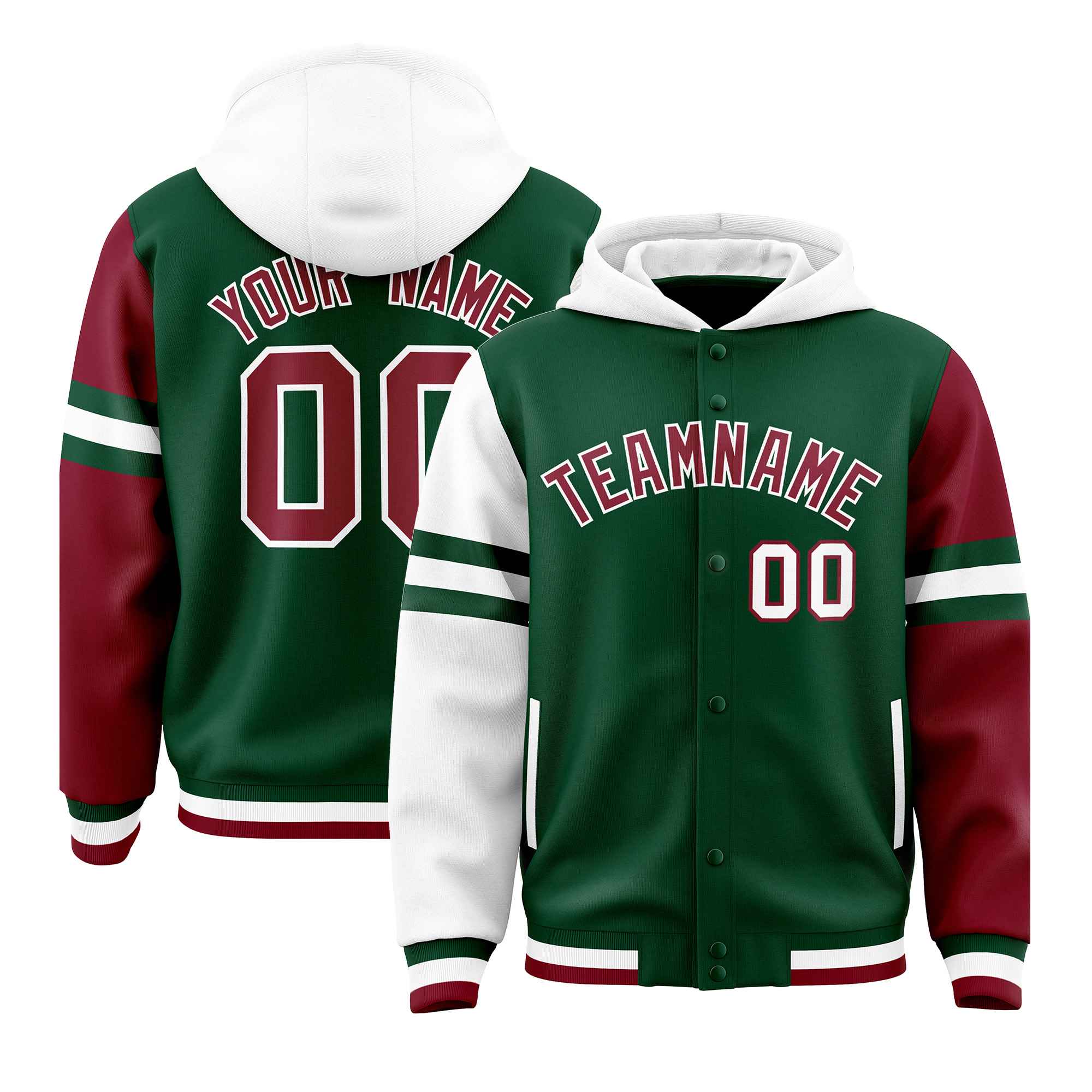 Custom Green White-Crimson Raglan Sleeves Varsity Full-Snap Letterman Three Stripes Jacket Hoodie| KXKSHOP