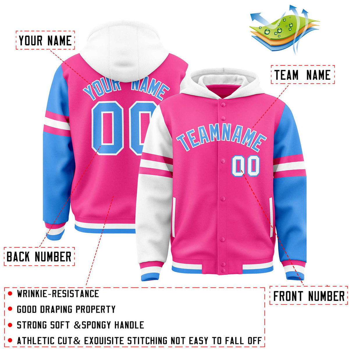 Custom Pink White-Powder Blue Raglan Sleeves Varsity Full-Snap Letterman Three Stripes Jacket Hoodie| KXKSHOP
