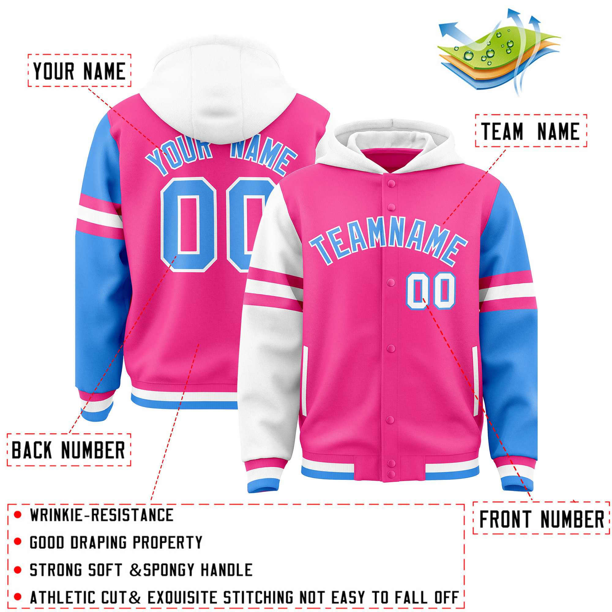 Custom Pink White-Powder Blue Raglan Sleeves Varsity Full-Snap Letterman Three Stripes Jacket Hoodie| KXKSHOP
