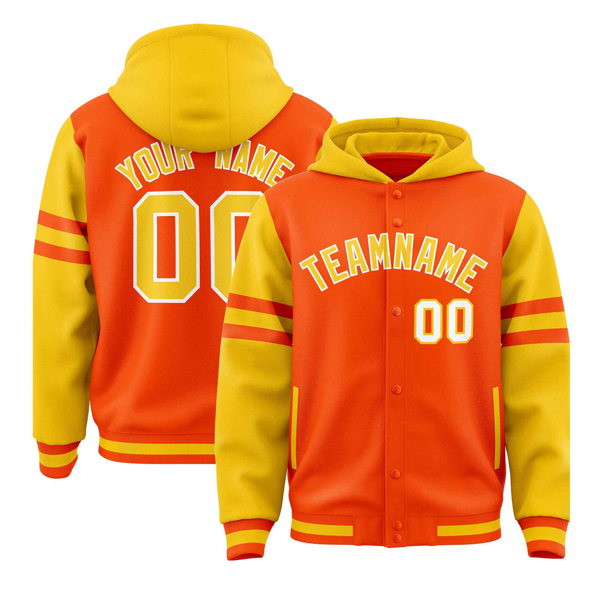Custom Orange Gold Raglan Sleeves Varsity Full-Snap Letterman Three Stripes Jacket Hoodie| KXKSHOP