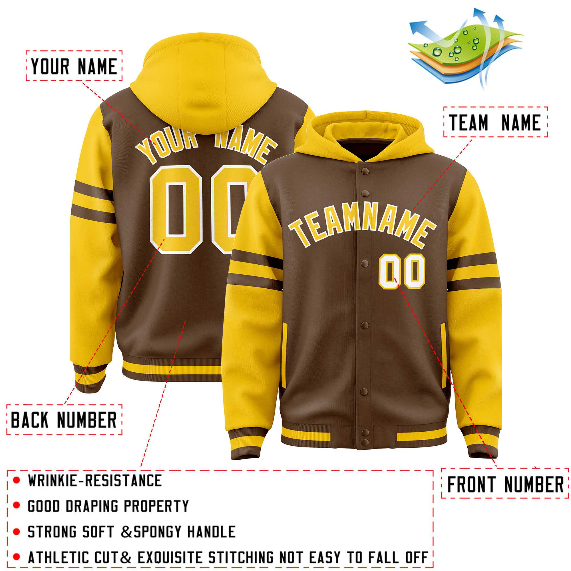 Custom Light Brown Gold Raglan Sleeves Varsity Full-Snap Letterman Three Stripes Jacket Hoodie| KXKSHOP