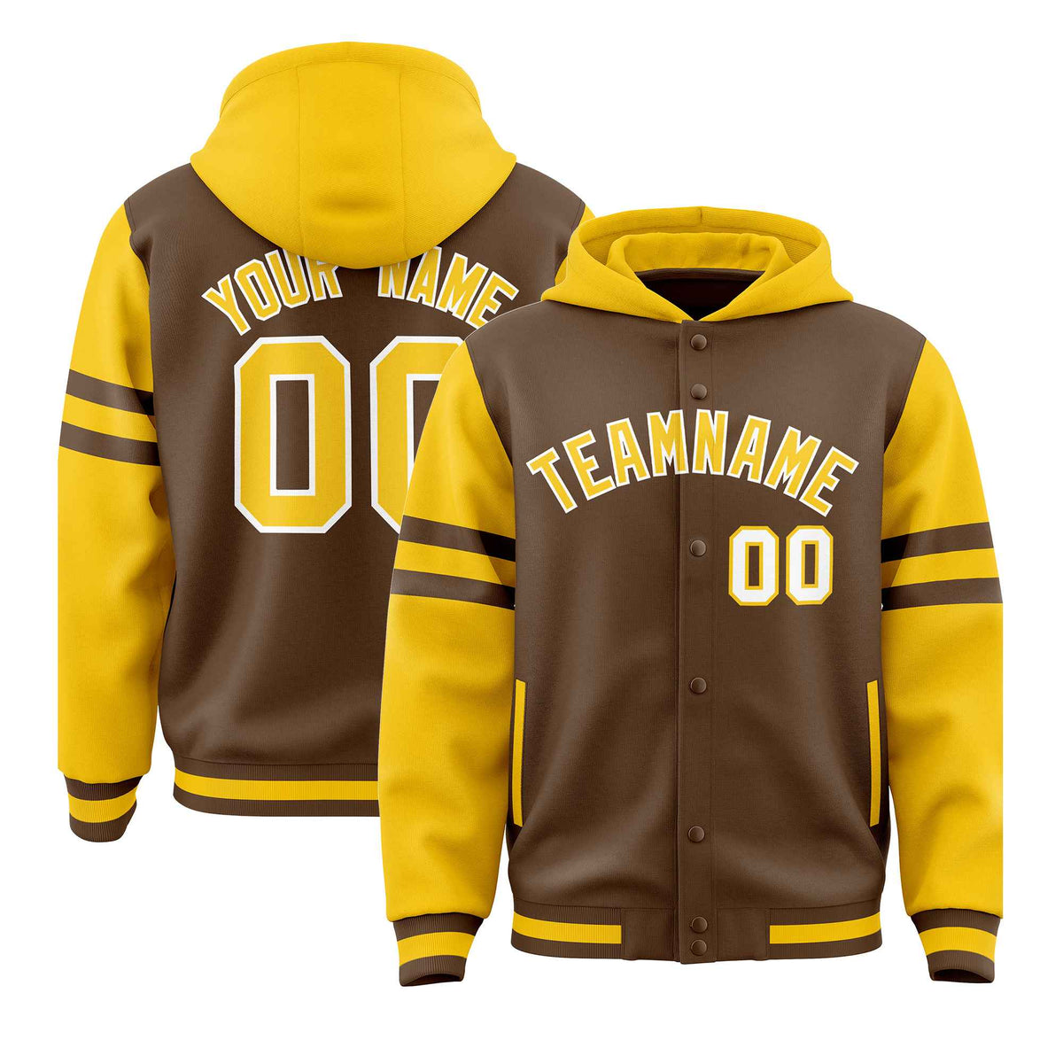 Custom Light Brown Gold Raglan Sleeves Varsity Full-Snap Letterman Three Stripes Jacket Hoodie| KXKSHOP
