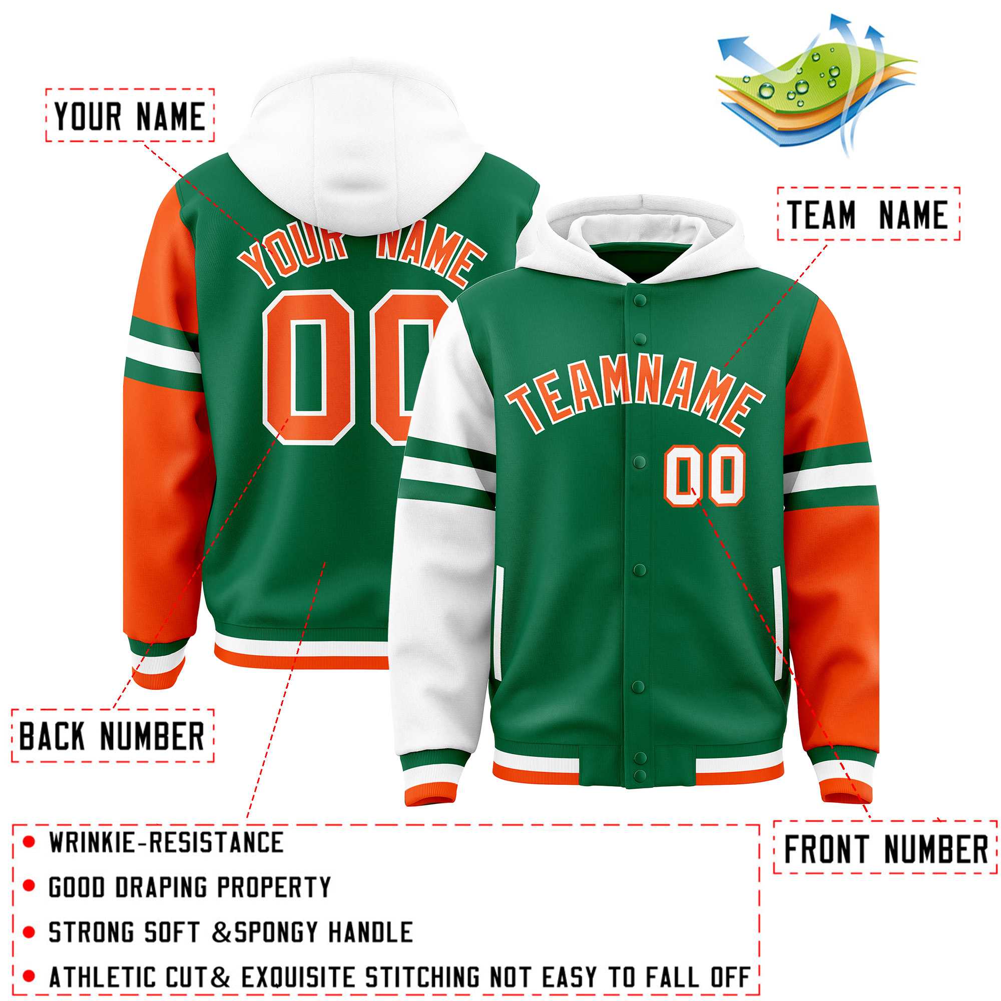 Custom Kelly Green White-Orange Raglan Sleeves Varsity Full-Snap Letterman Three Stripes Jacket Hoodie| KXKSHOP