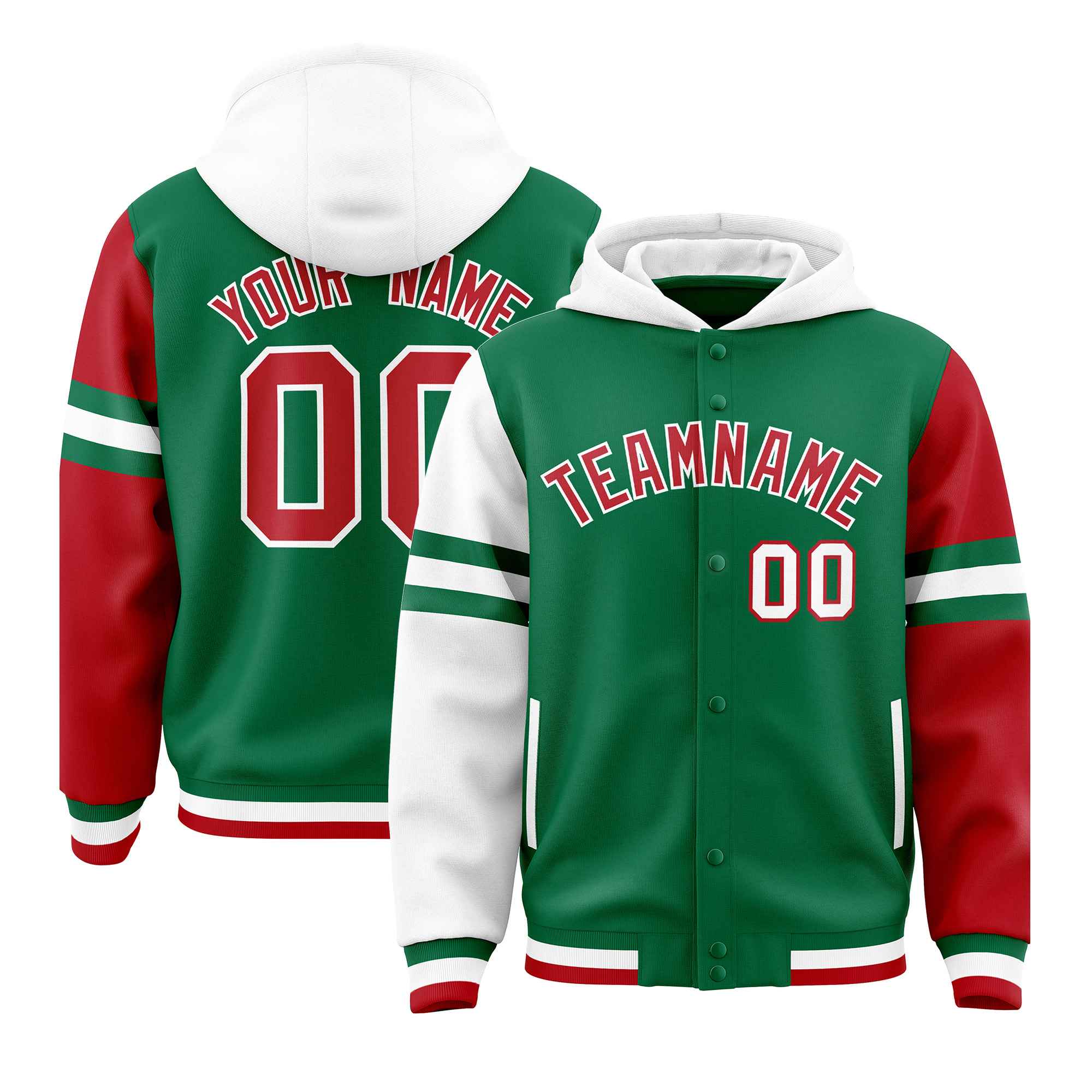 Custom Kelly Green White-Red Raglan Sleeves Varsity Full-Snap Letterman Three Stripes Jacket Hoodie| KXKSHOP