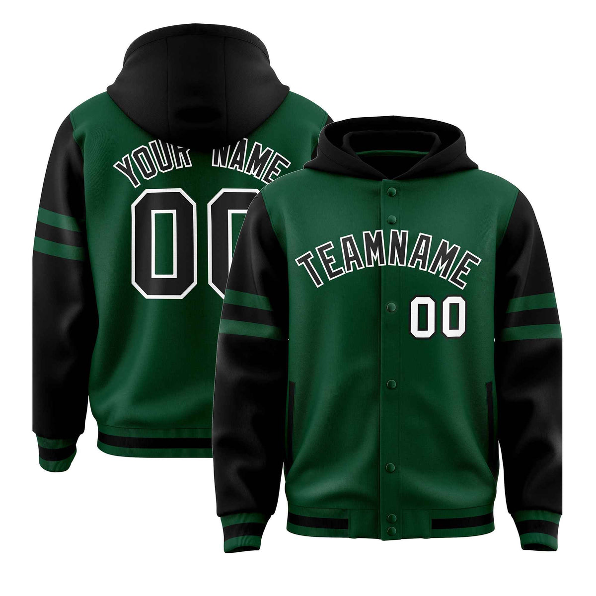 Custom Green Black Raglan Sleeves Varsity Full-Snap Letterman Three Stripes Jacket Hoodie| KXKSHOP