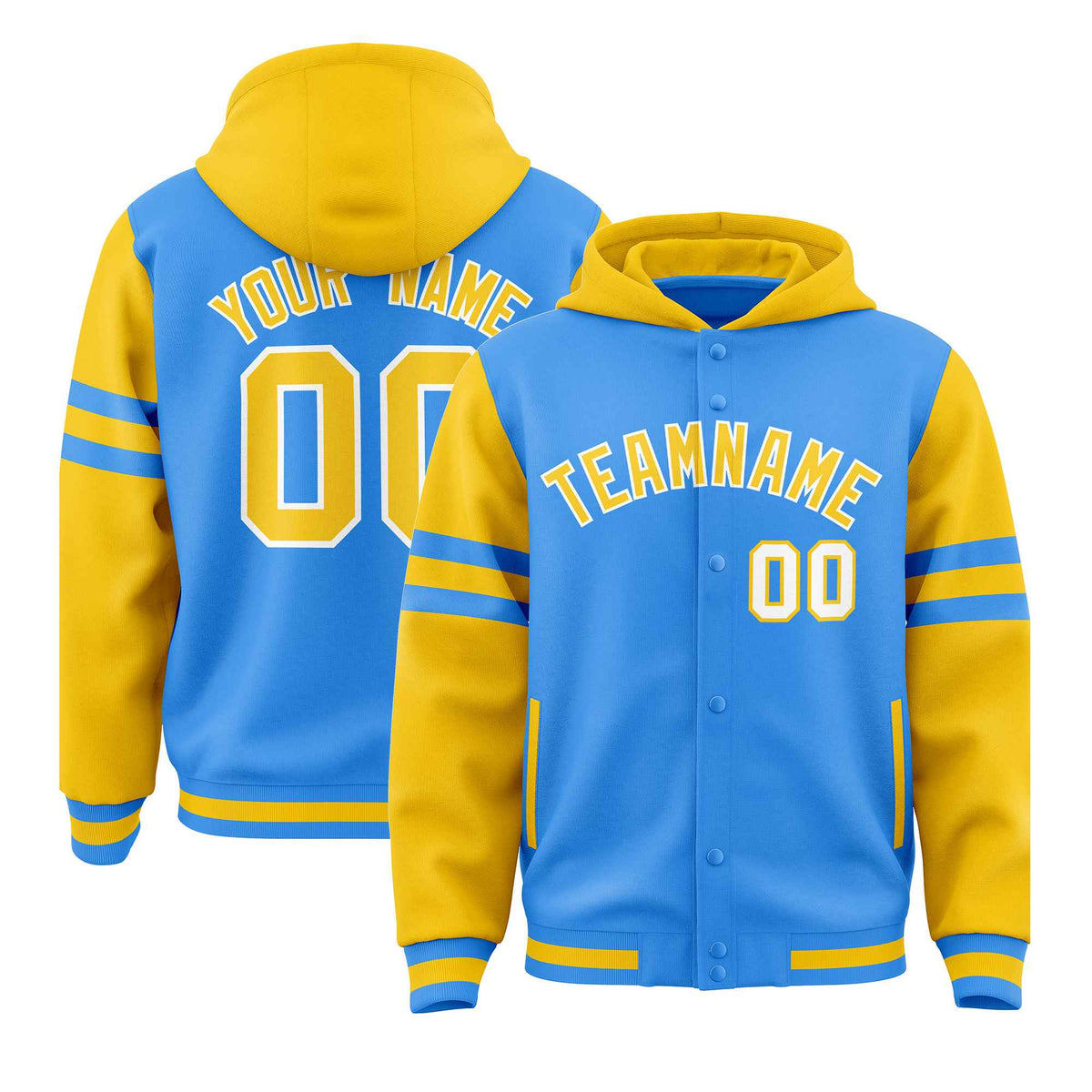 Custom Powder Blue Gold Raglan Sleeves Varsity Full-Snap Letterman Three Stripes Jacket Hoodie| KXKSHOP