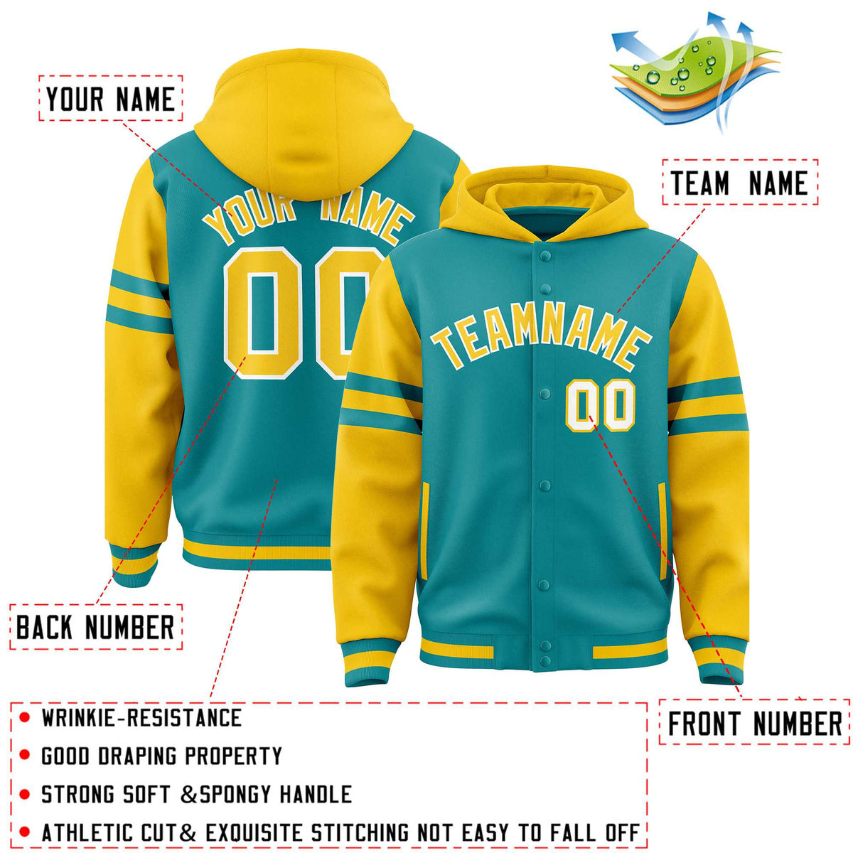Custom Aqua Gold Raglan Sleeves Varsity Full-Snap Letterman Three Stripes Jacket Hoodie| KXKSHOP