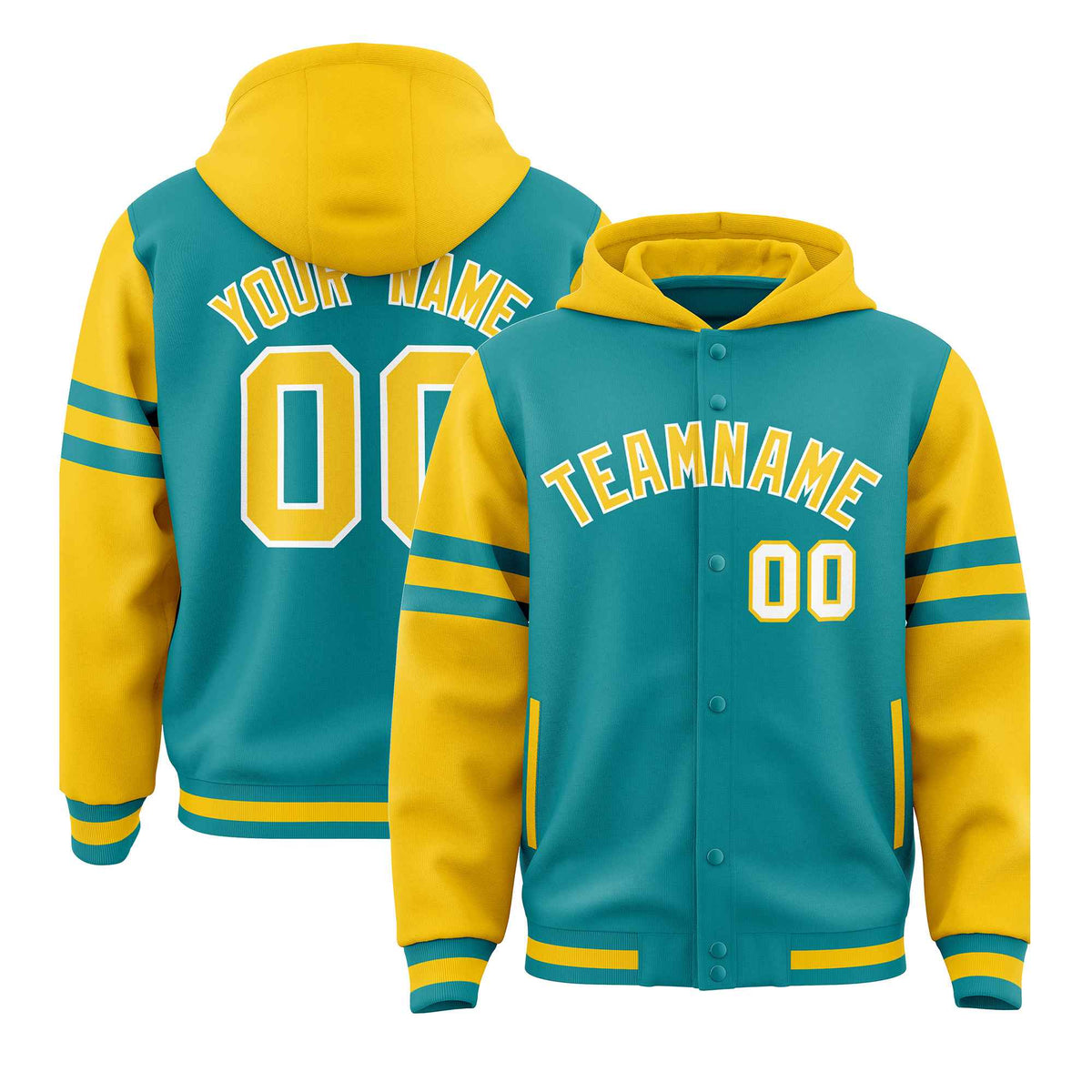 Custom Aqua Gold Raglan Sleeves Varsity Full-Snap Letterman Three Stripes Jacket Hoodie| KXKSHOP