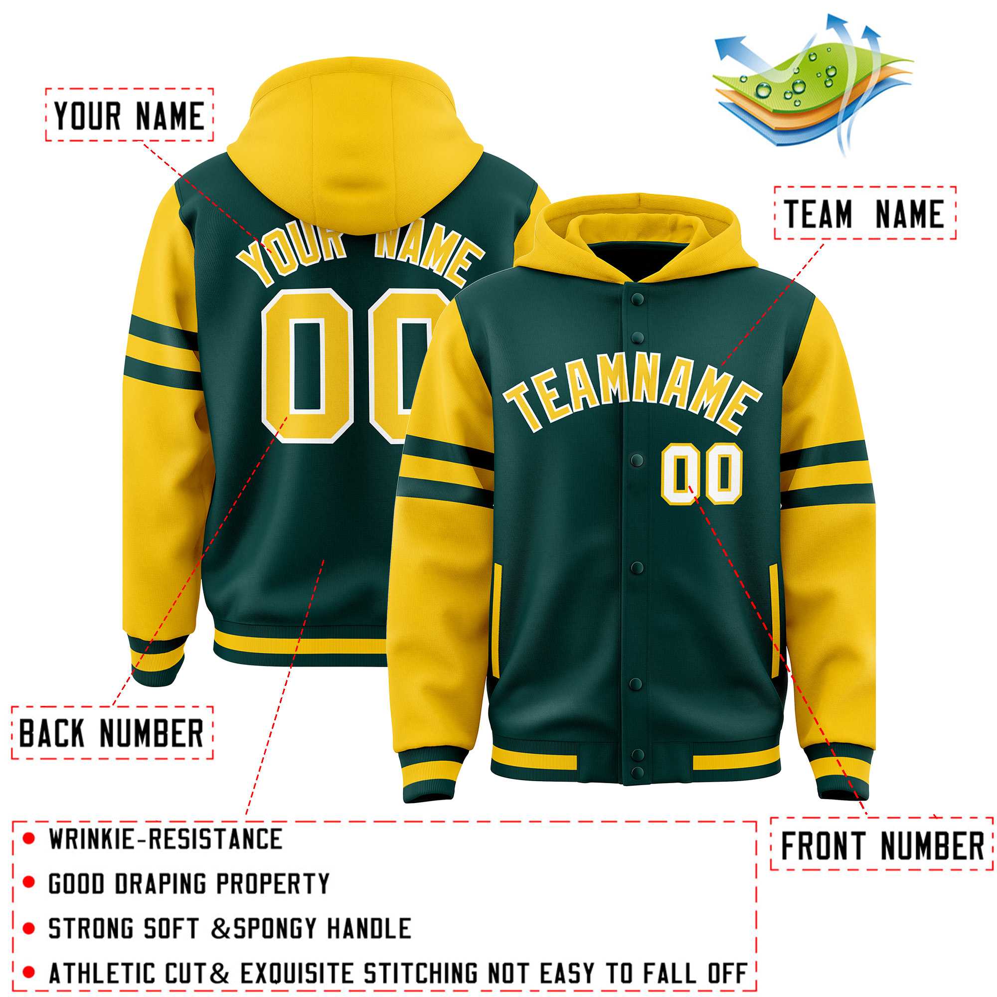 Custom Midnight Green Gold Raglan Sleeves Varsity Full-Snap Letterman Three Stripes Jacket Hoodie| KXKSHOP