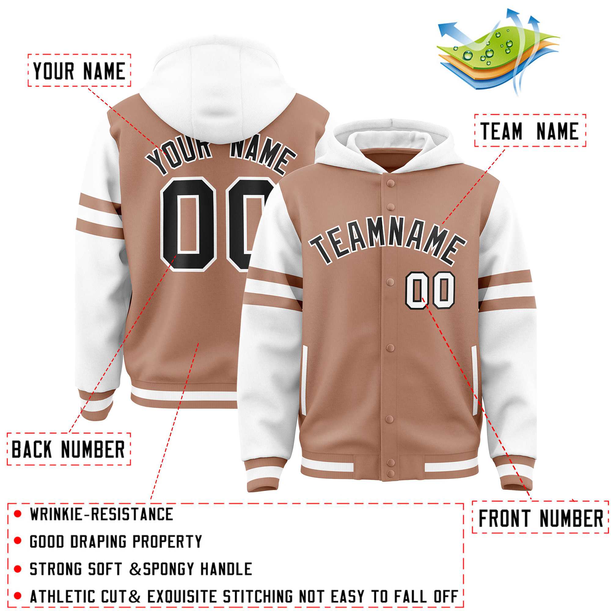 Custom Coffee Brown White Raglan Sleeves Varsity Full-Snap Letterman Three Stripes Jacket Hoodie| KXKSHOP