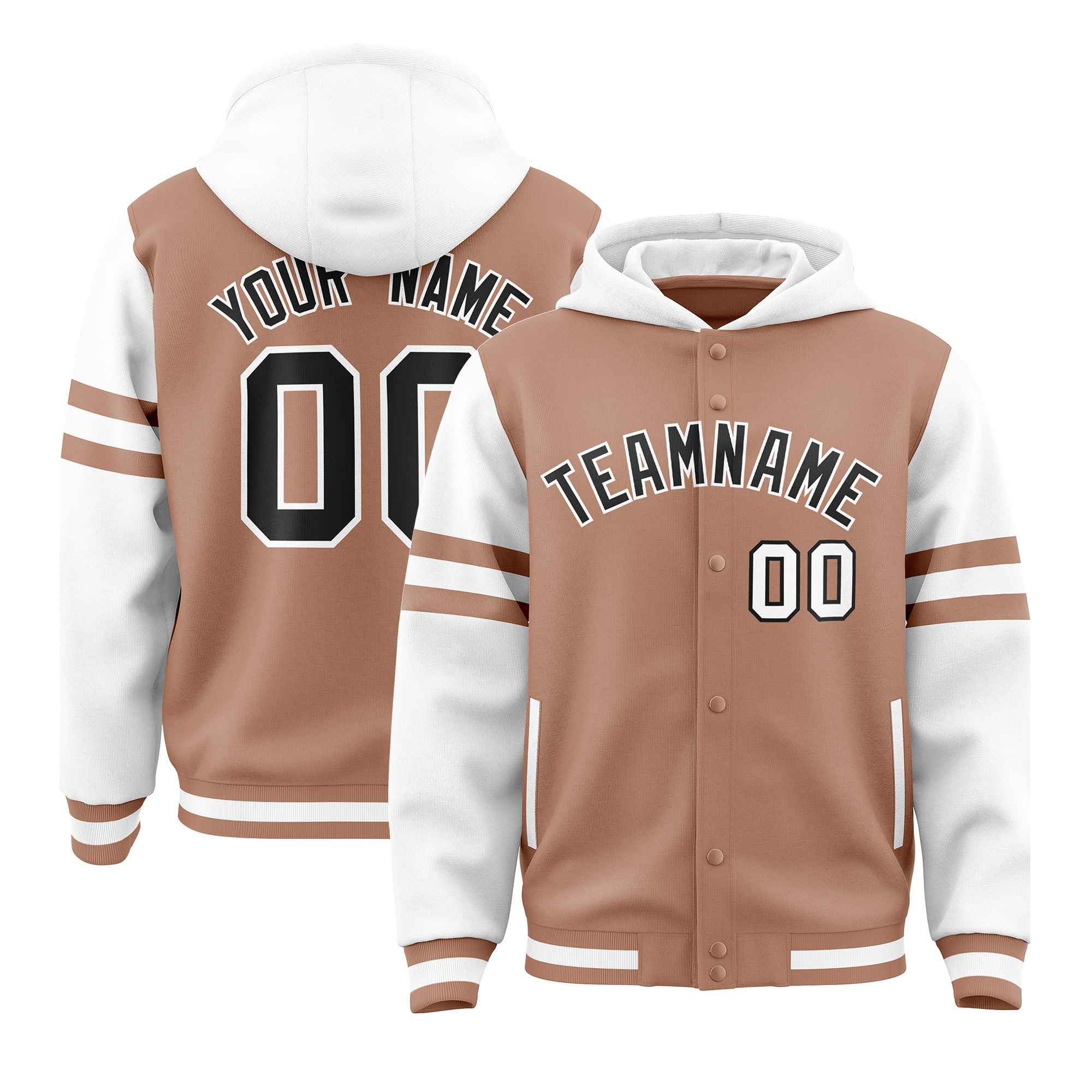 Custom Coffee Brown White Raglan Sleeves Varsity Full-Snap Letterman Three Stripes Jacket Hoodie| KXKSHOP