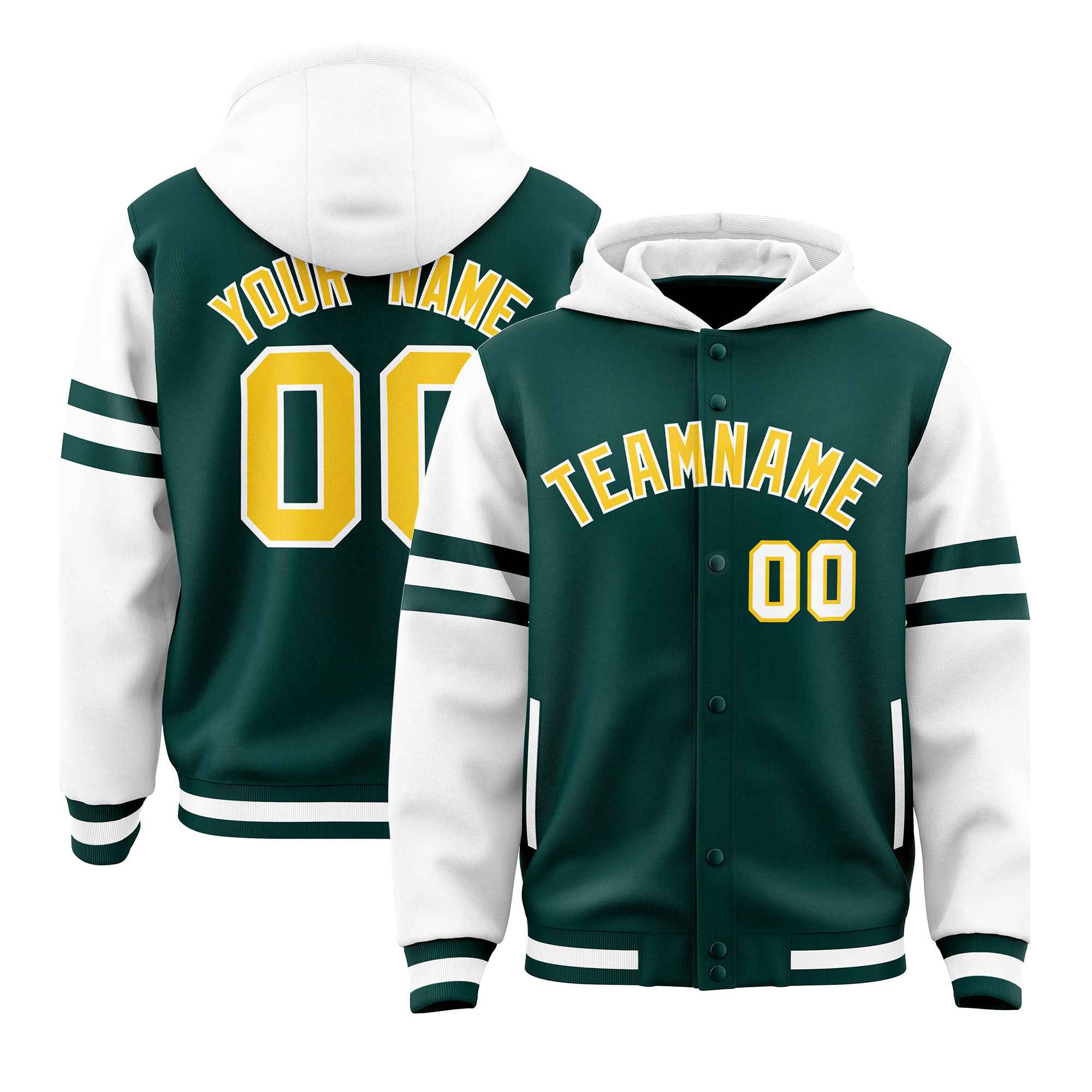 Custom Midnight Green White Raglan Sleeves Varsity Full-Snap Letterman Three Stripes Jacket Hoodie| KXKSHOP