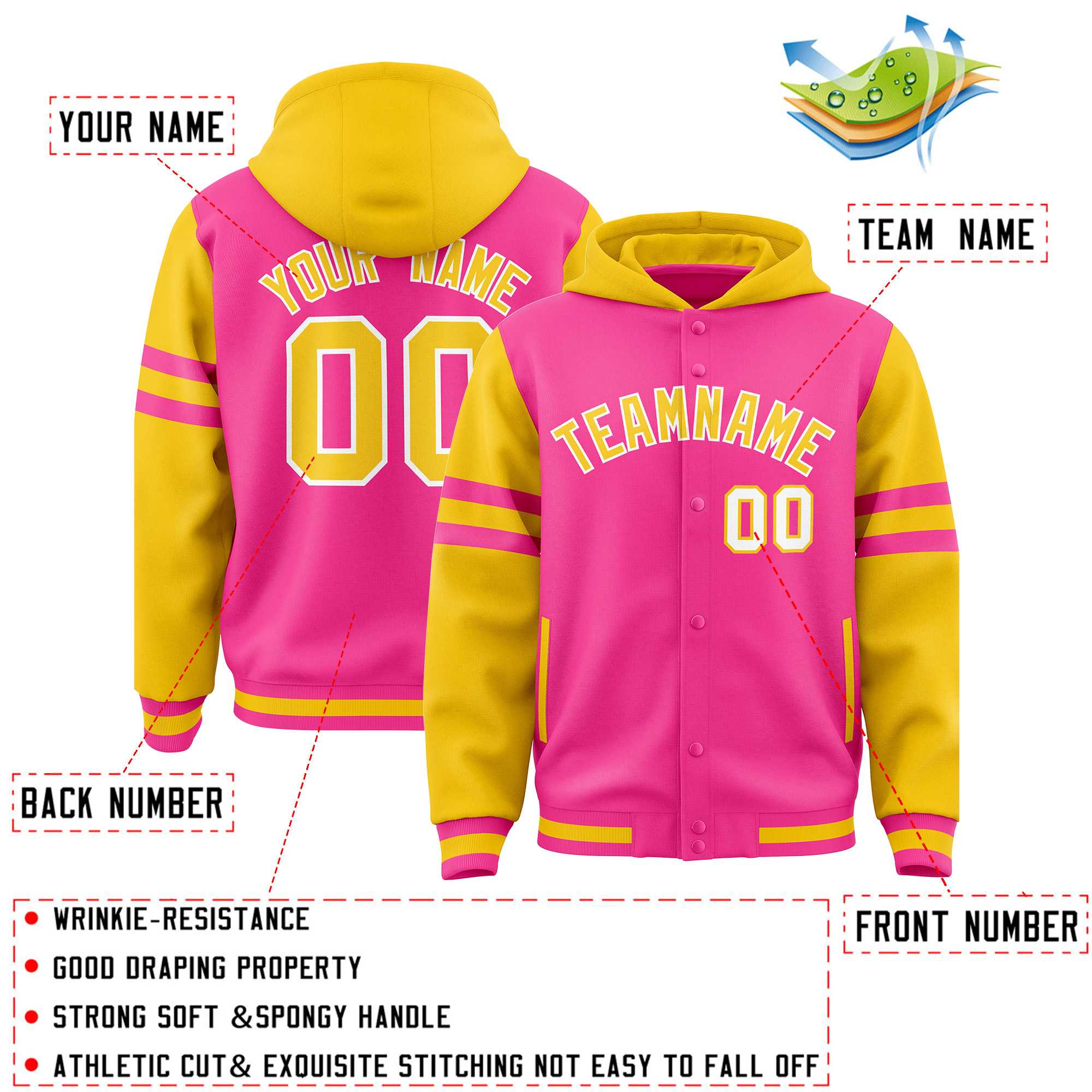 Custom Pink Gold Raglan Sleeves Varsity Full-Snap Letterman Three Stripes Jacket Hoodie| KXKSHOP