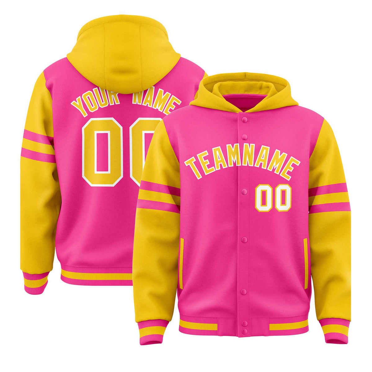 Custom Pink Gold Raglan Sleeves Varsity Full-Snap Letterman Three Stripes Jacket Hoodie| KXKSHOP