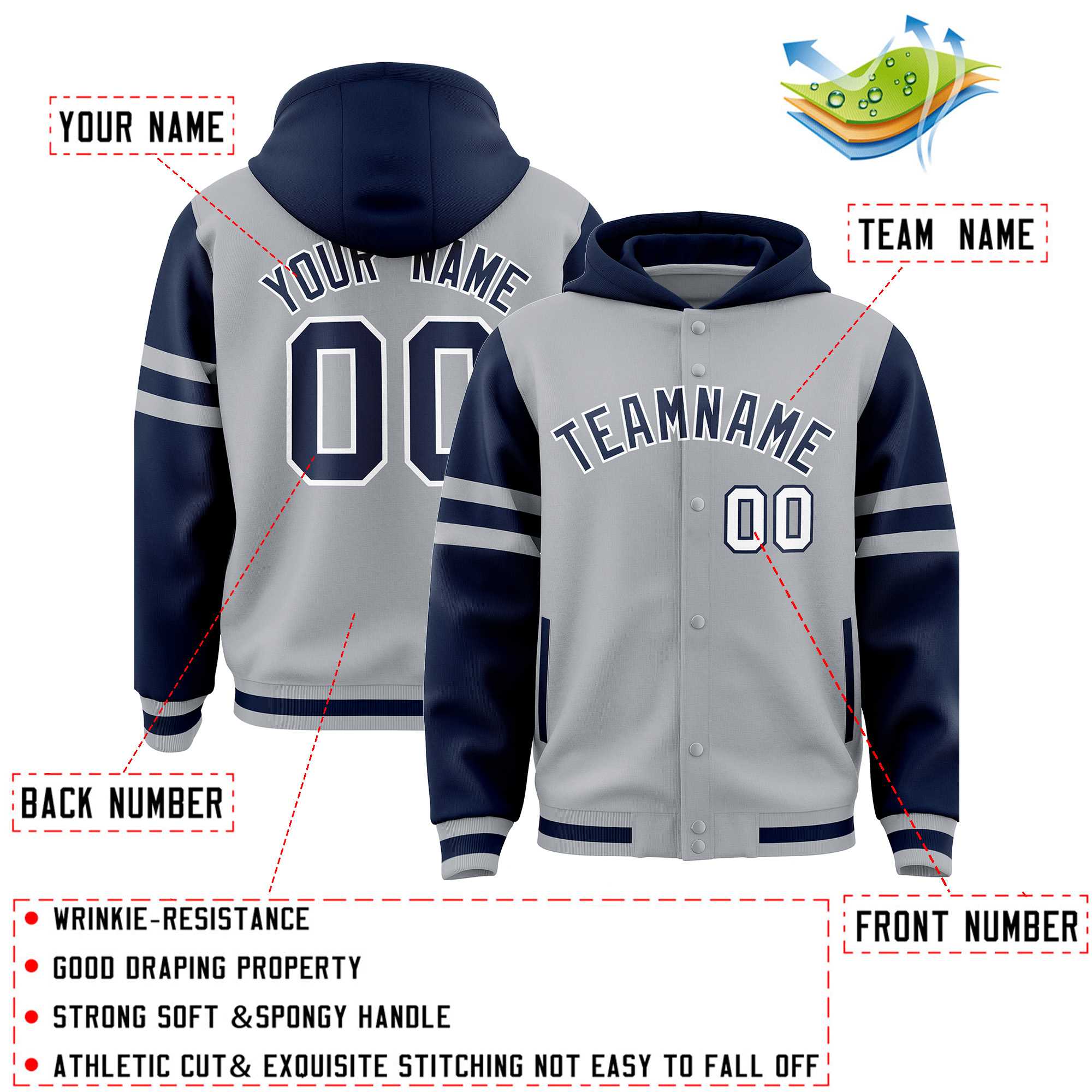 Custom Silver Navy Raglan Sleeves Varsity Full-Snap Letterman Three Stripes Jacket Hoodie| KXKSHOP