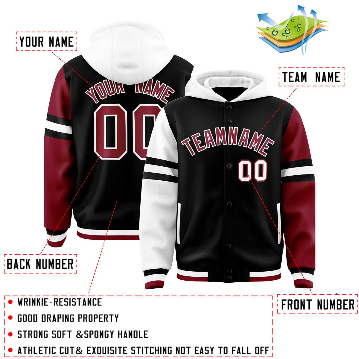 Custom Black White-Crimson Raglan Sleeves Varsity Full-Snap Letterman Three Stripes Jacket Hoodie| KXKSHOP