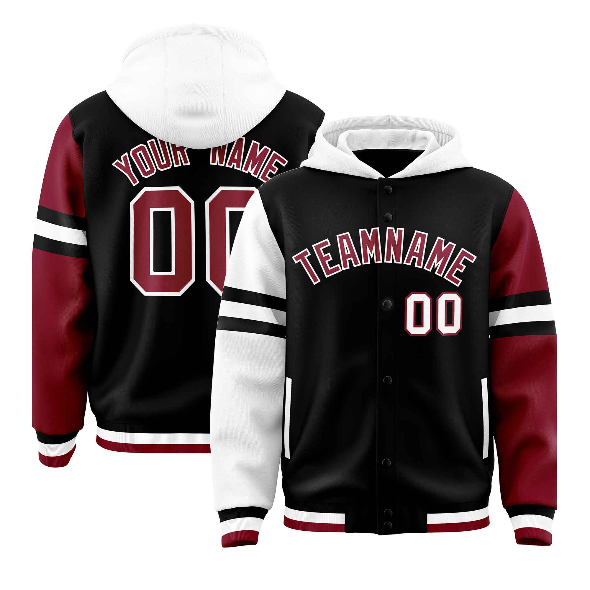 Custom Black White-Crimson Raglan Sleeves Varsity Full-Snap Letterman Three Stripes Jacket Hoodie| KXKSHOP