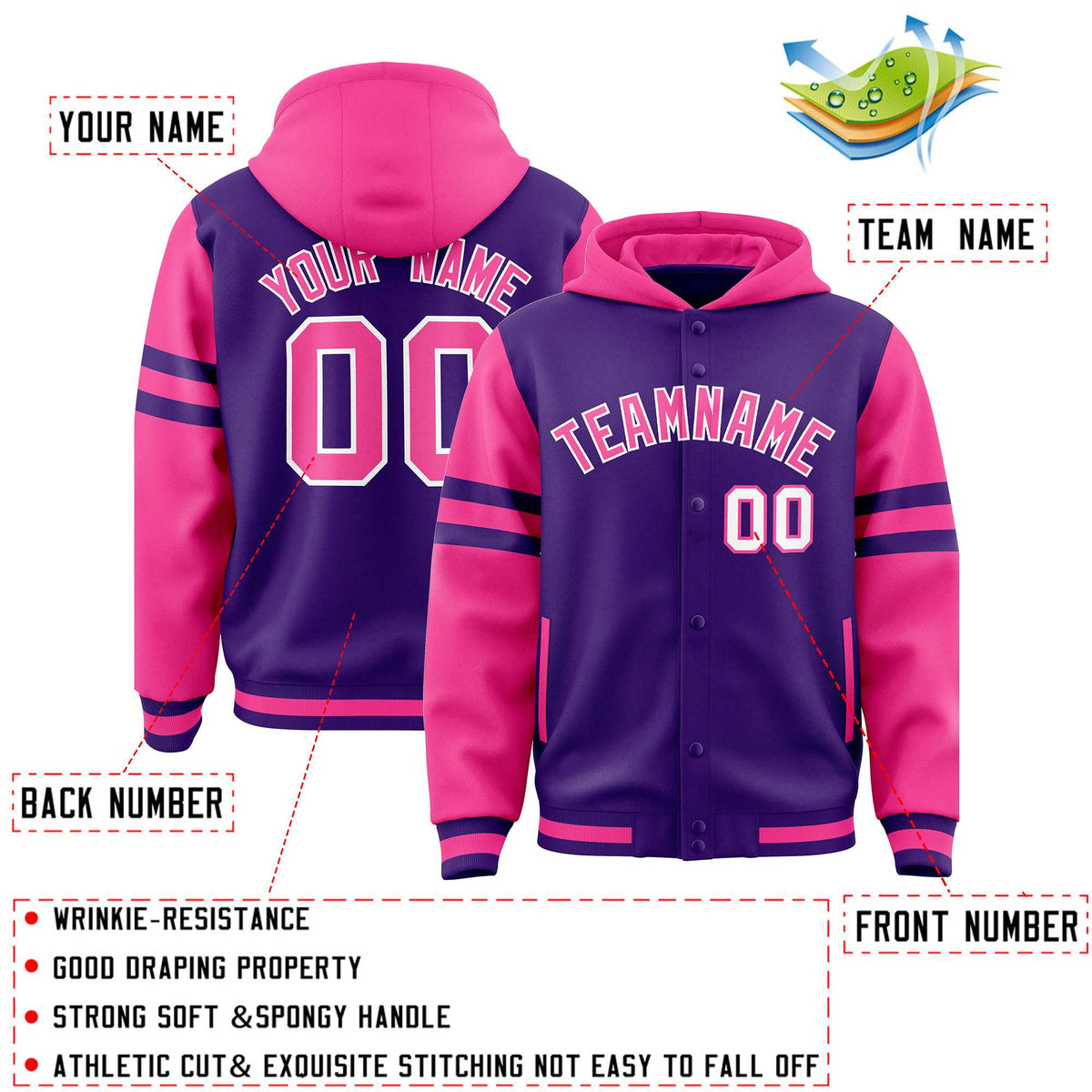 Custom Purple Pink Raglan Sleeves Varsity Full-Snap Letterman Three Stripes Jacket Hoodie| KXKSHOP