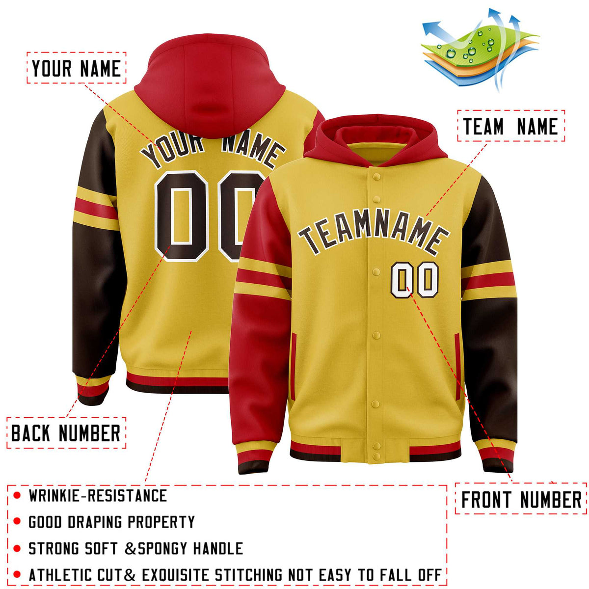 Custom Old Gold Red-Brown Raglan Sleeves Varsity Full-Snap Letterman Three Stripes Jacket Hoodie| KXKSHOP