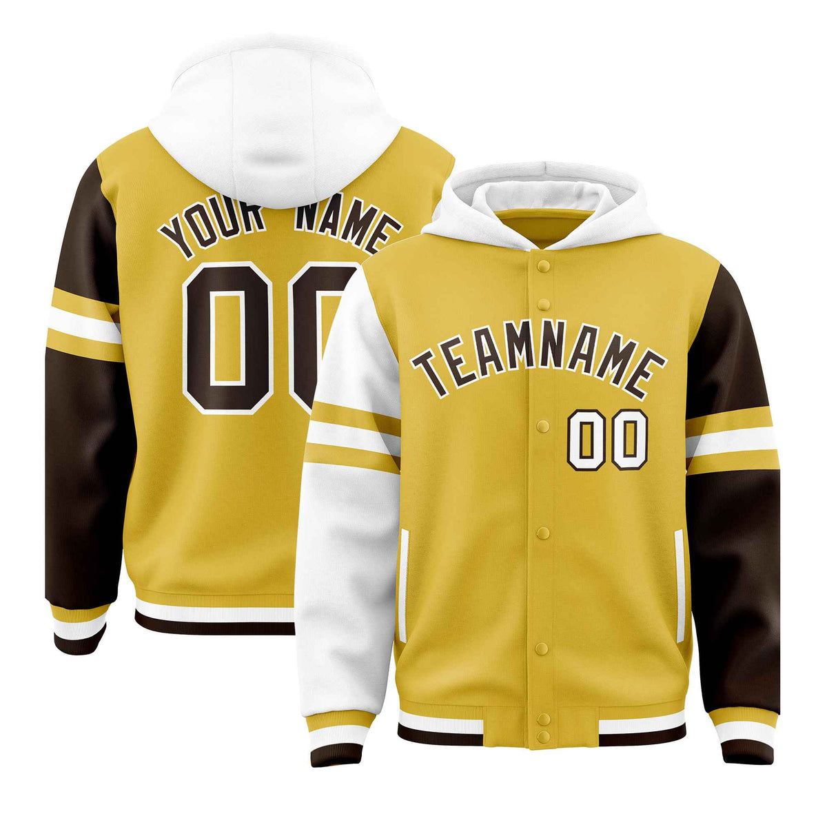Custom Old Gold White-Brown Raglan Sleeves Varsity Full-Snap Letterman Three Stripes Jacket Hoodie| KXKSHOP
