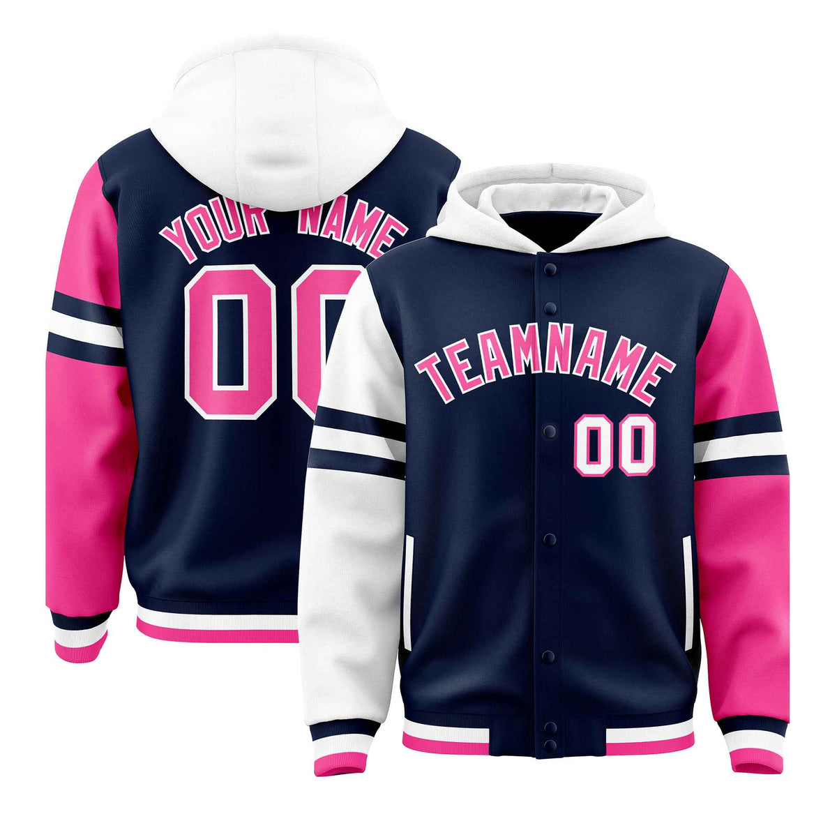 Custom Navy White-Pink Raglan Sleeves Varsity Full-Snap Letterman Three Stripes Jacket Hoodie| KXKSHOP