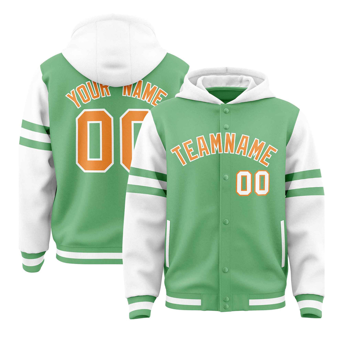 Custom Light Green White Raglan Sleeves Varsity Full-Snap Letterman Three Stripes Jacket Hoodie| KXKSHOP