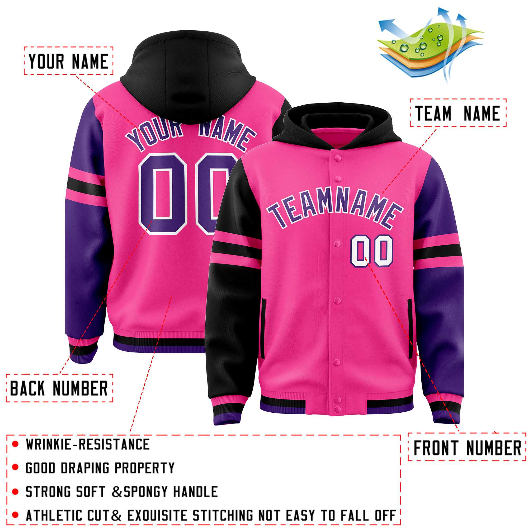 Custom Pink Black-Purple Raglan Sleeves Varsity Full-Snap Letterman Three Stripes Jacket Hoodie| KXKSHOP