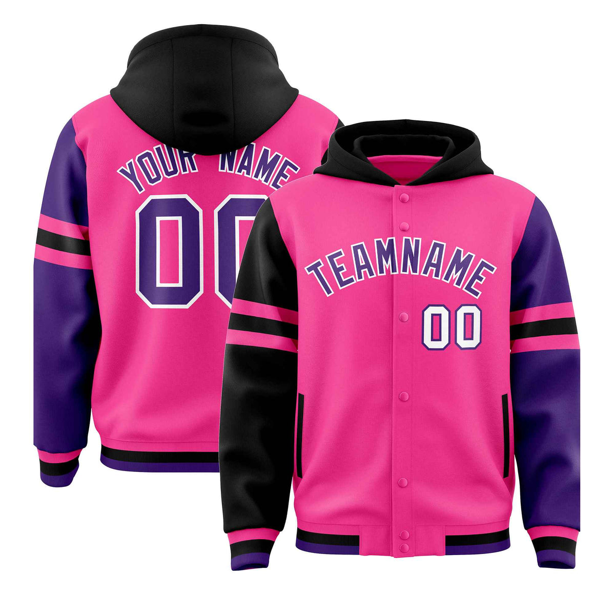 Custom Pink Black-Purple Raglan Sleeves Varsity Full-Snap Letterman Three Stripes Jacket Hoodie| KXKSHOP