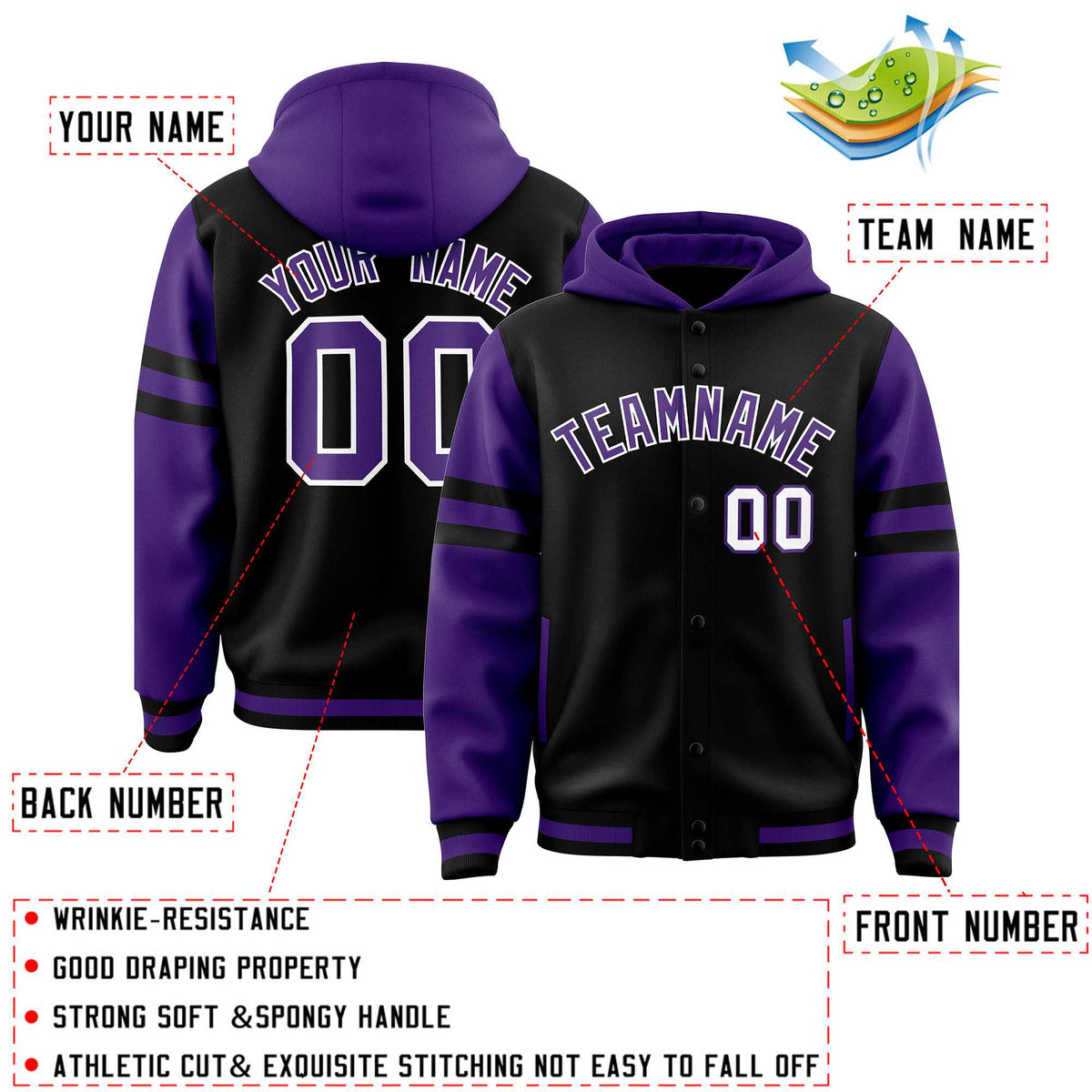 Custom Black Purple Raglan Sleeves Varsity Full-Snap Letterman Three Stripes Jacket Hoodie| KXKSHOP
