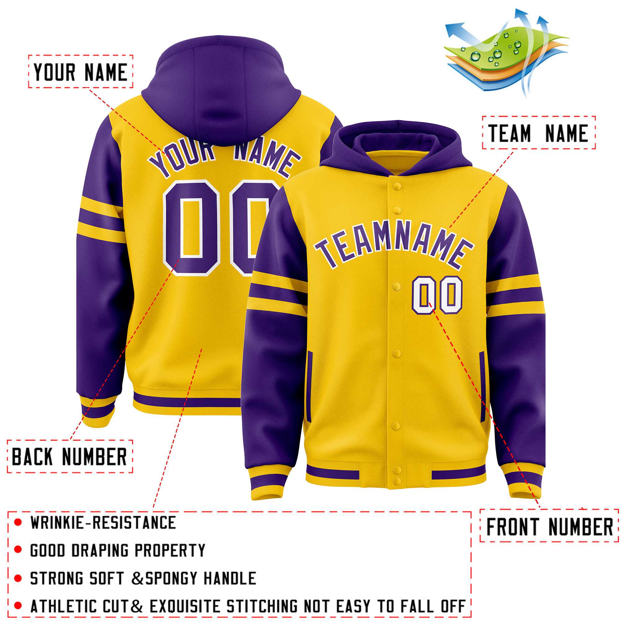 Custom Gold Purple Raglan Sleeves Varsity Full-Snap Letterman Three Stripes Jacket Hoodie| KXKSHOP