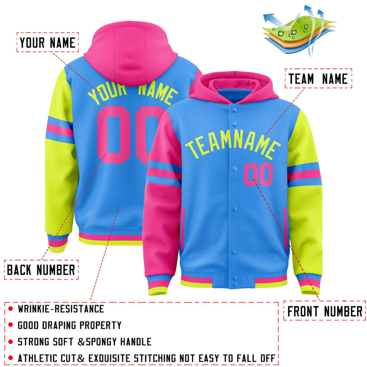 Custom Powder Blue Pink-Fluorescent Green Raglan Sleeves Varsity Full-Snap Letterman Three Stripes Jacket Hoodie| KXKSHOP