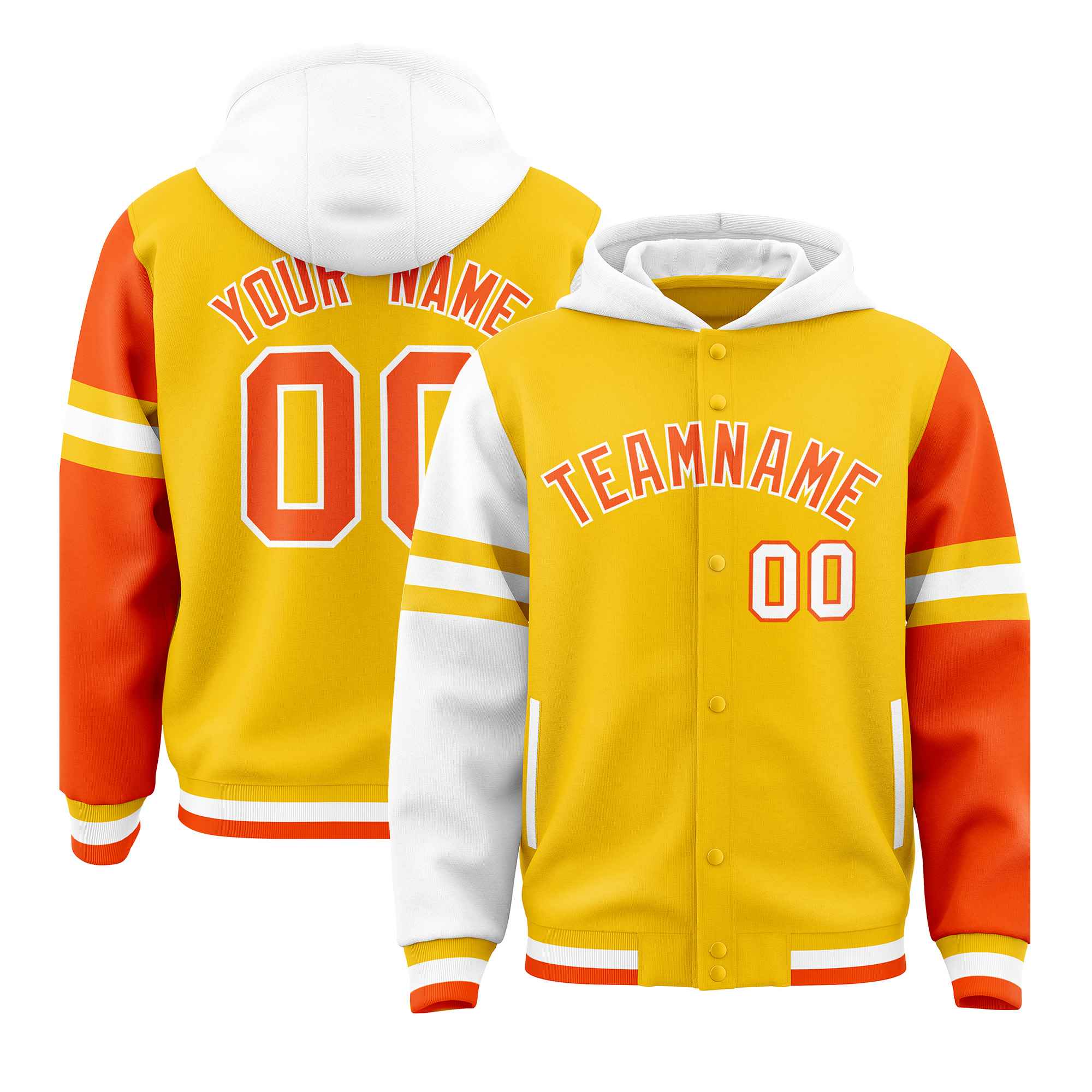 Custom Gold White-Orange Raglan Sleeves Varsity Full-Snap Letterman Three Stripes Jacket Hoodie| KXKSHOP