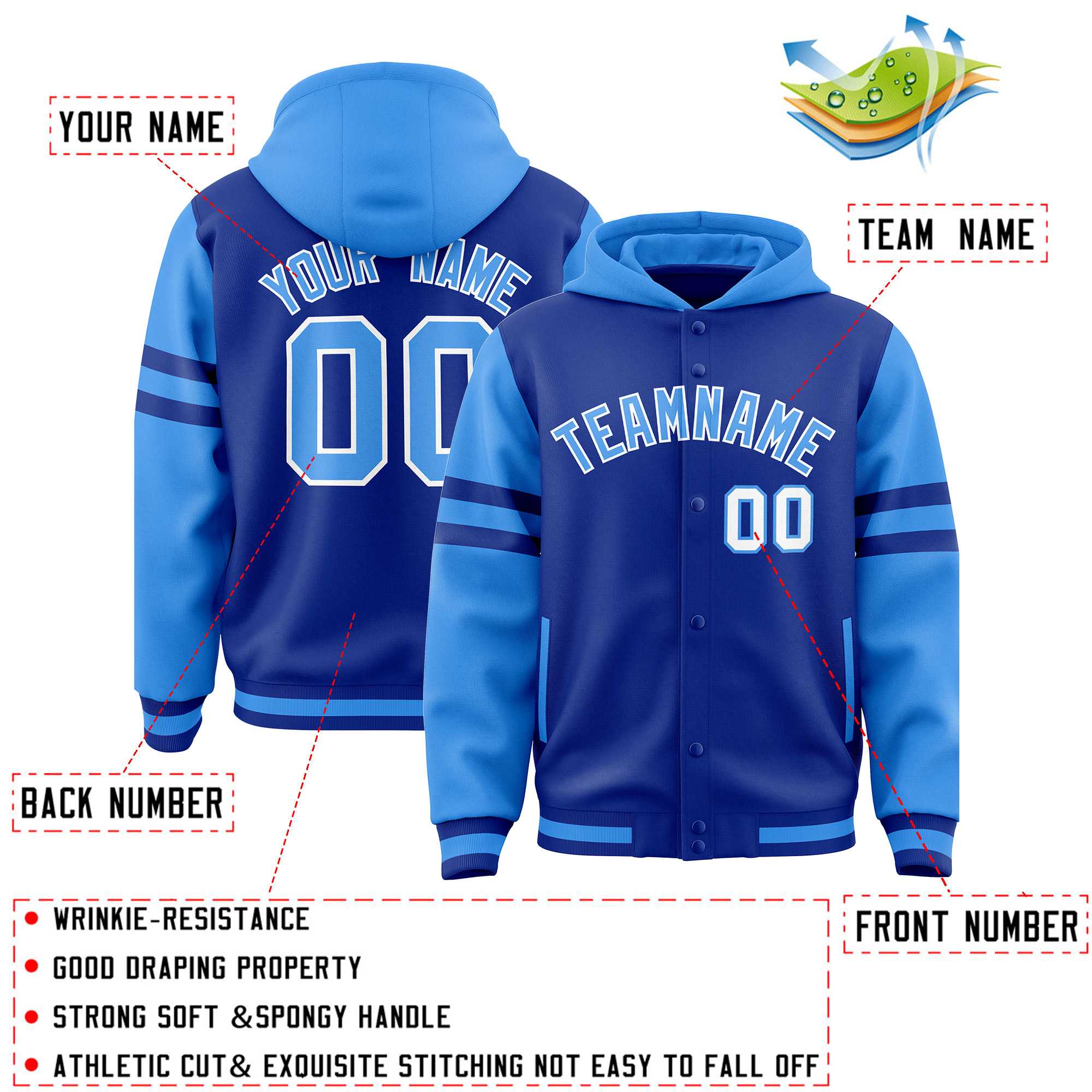 Custom Royal Powder Blue Raglan Sleeves Varsity Full-Snap Letterman Three Stripes Jacket Hoodie| KXKSHOP
