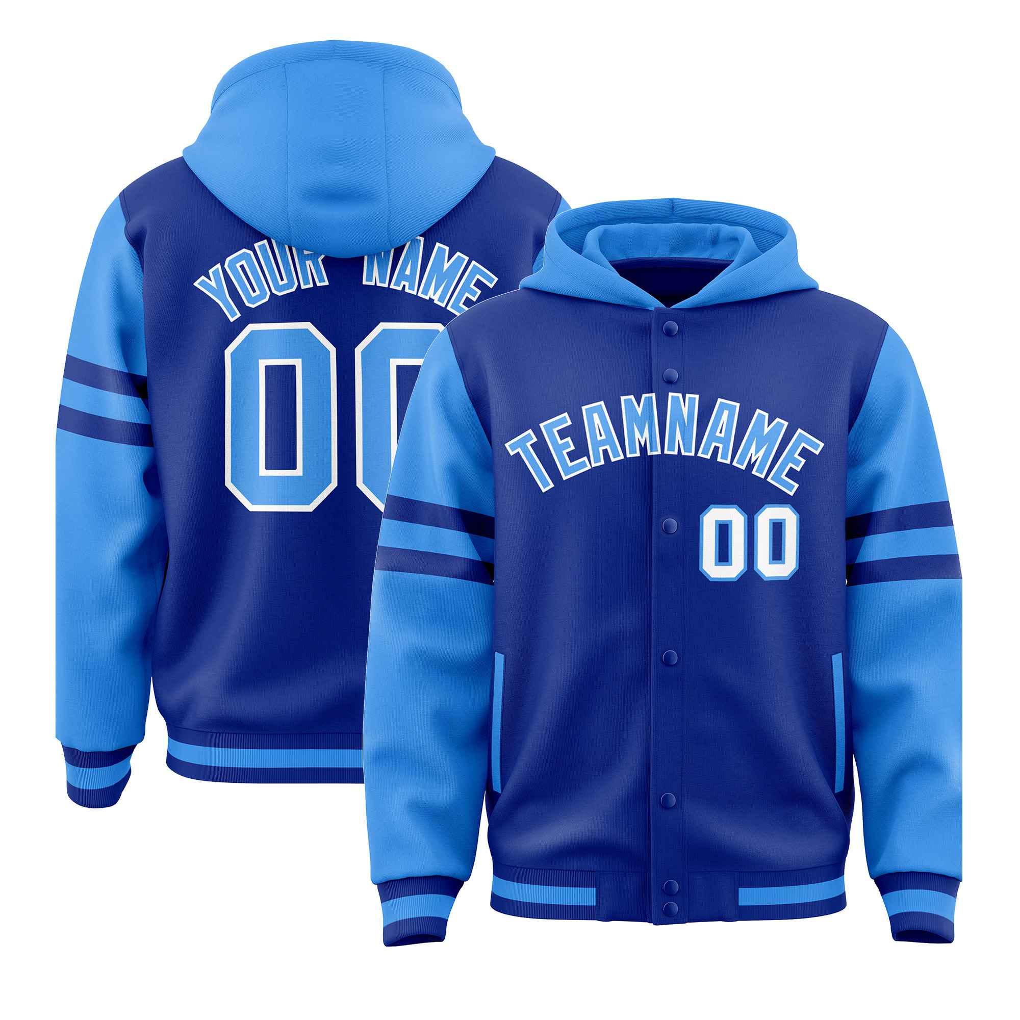 Custom Royal Powder Blue Raglan Sleeves Varsity Full-Snap Letterman Three Stripes Jacket Hoodie| KXKSHOP
