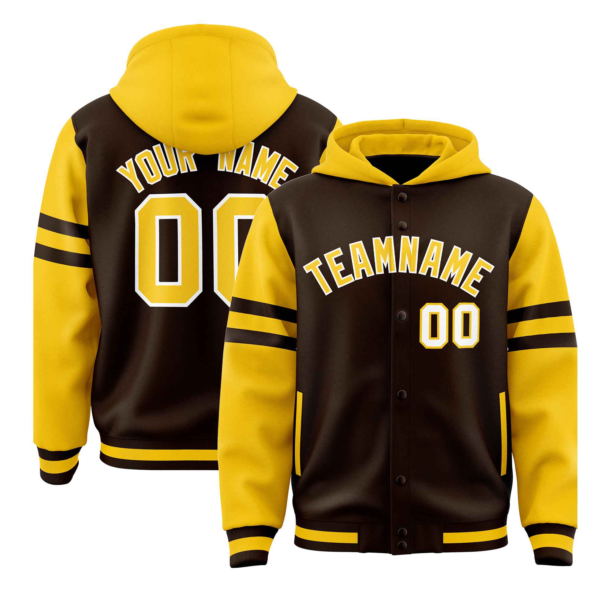 Custom Brown Gold Raglan Sleeves Varsity Full-Snap Letterman Three Stripes Jacket Hoodie| KXKSHOP