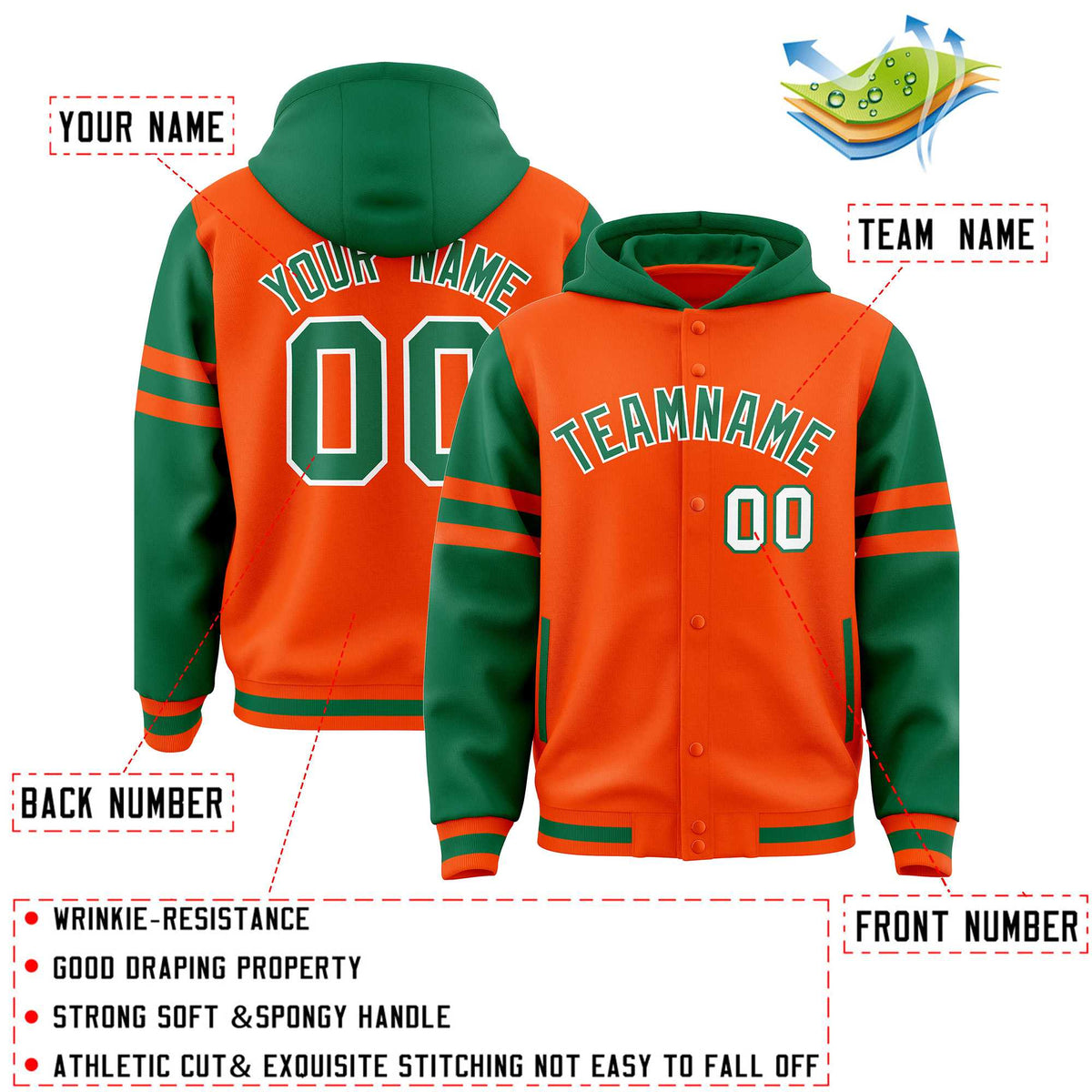 Custom Orange Kelly Green Raglan Sleeves Varsity Full-Snap Letterman Three Stripes Jacket Hoodie| KXKSHOP