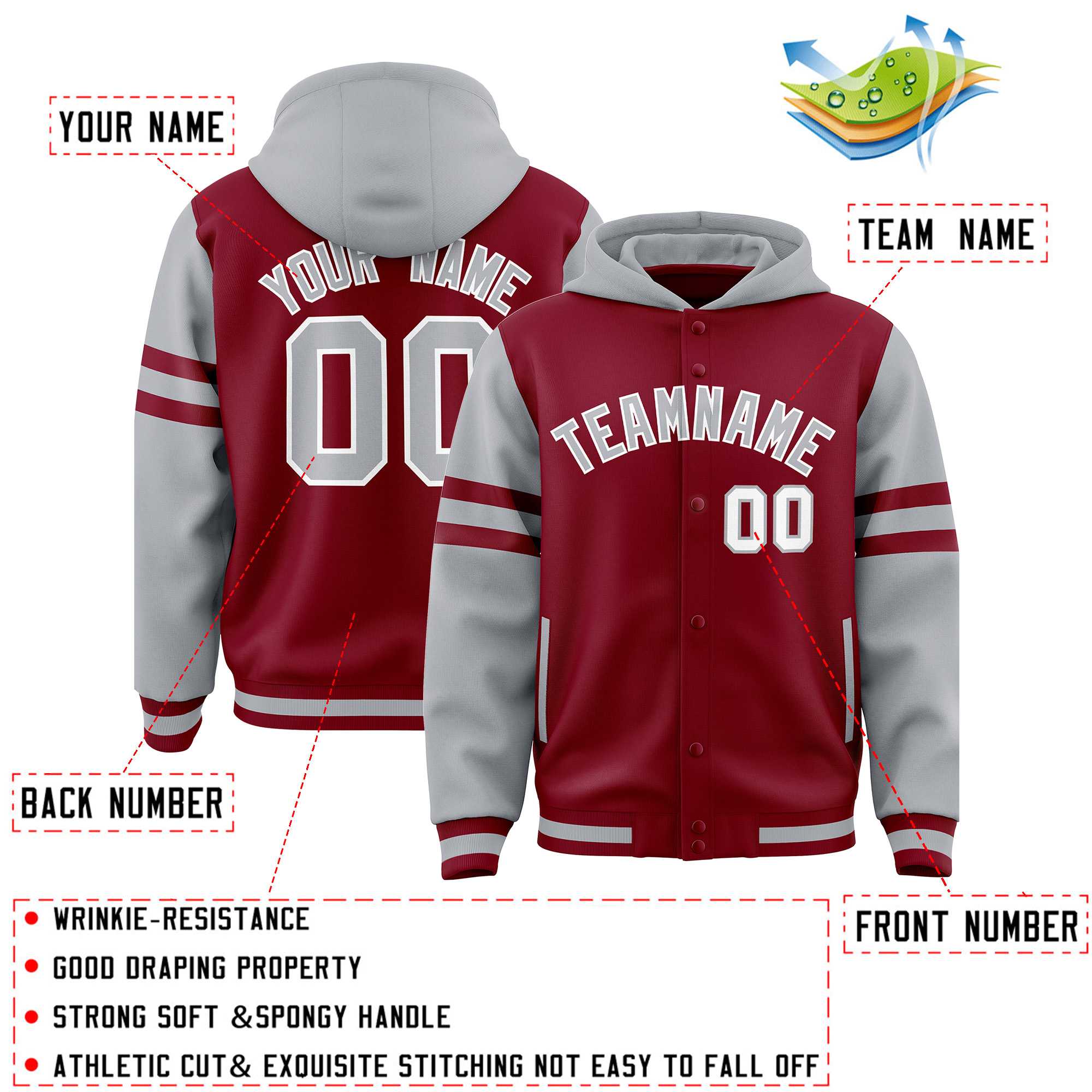 Custom Crimson Silver Raglan Sleeves Varsity Full-Snap Letterman Three Stripes Jacket Hoodie| KXKSHOP