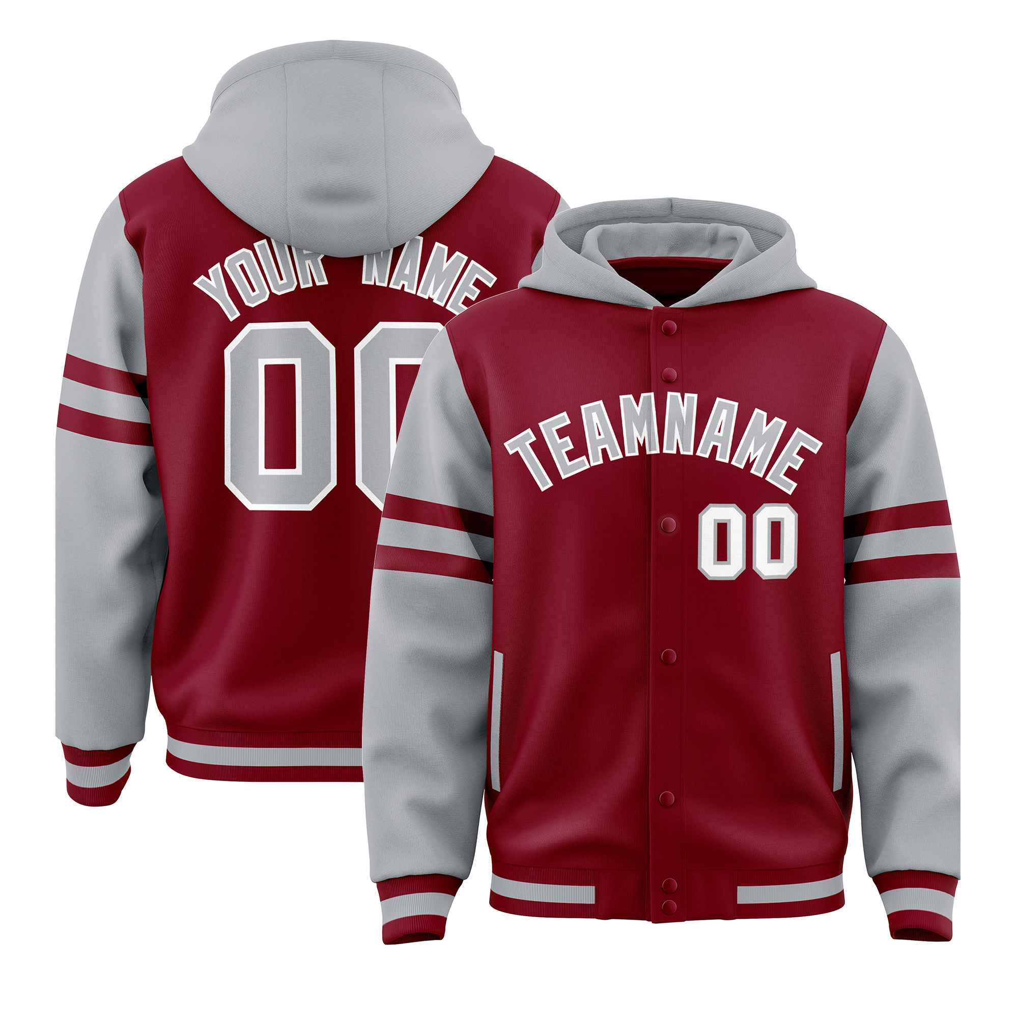 Custom Crimson Silver Raglan Sleeves Varsity Full-Snap Letterman Three Stripes Jacket Hoodie| KXKSHOP