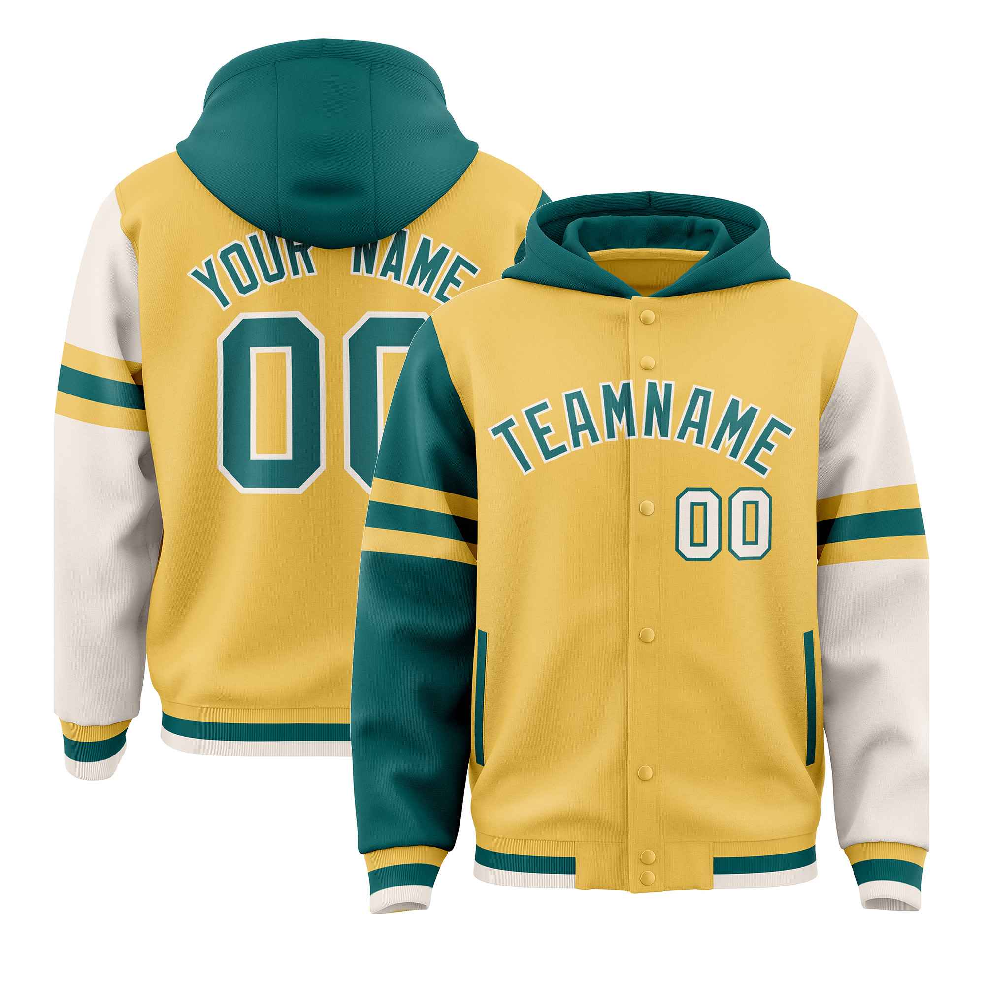 Custom Khaki Aqua-Cream Raglan Sleeves Varsity Full-Snap Letterman Three Stripes Jacket Hoodie| KXKSHOP