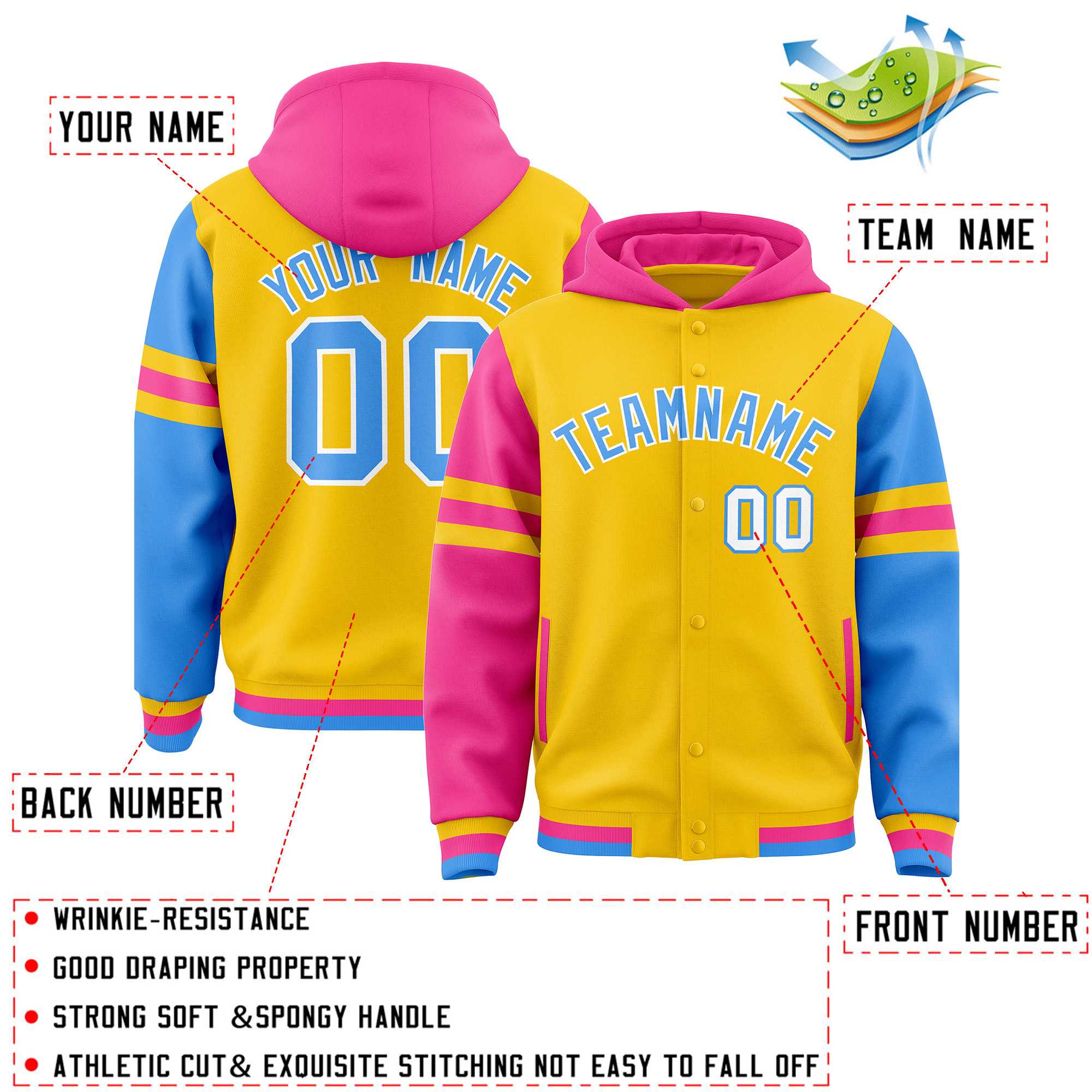 Custom Gold Pink-Powder Blue Raglan Sleeves Varsity Full-Snap Letterman Three Stripes Jacket Hoodie| KXKSHOP