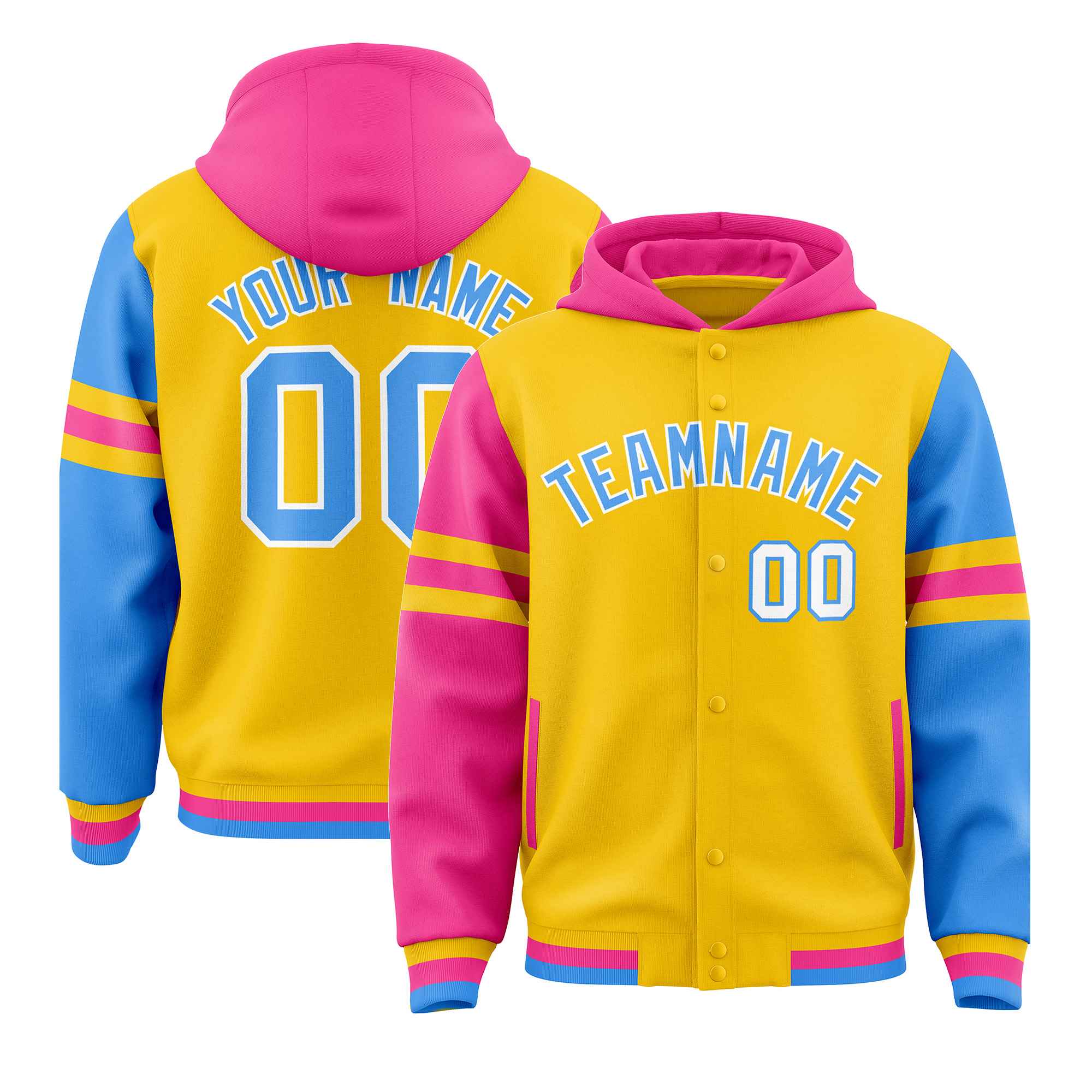 Custom Gold Pink-Powder Blue Raglan Sleeves Varsity Full-Snap Letterman Three Stripes Jacket Hoodie| KXKSHOP