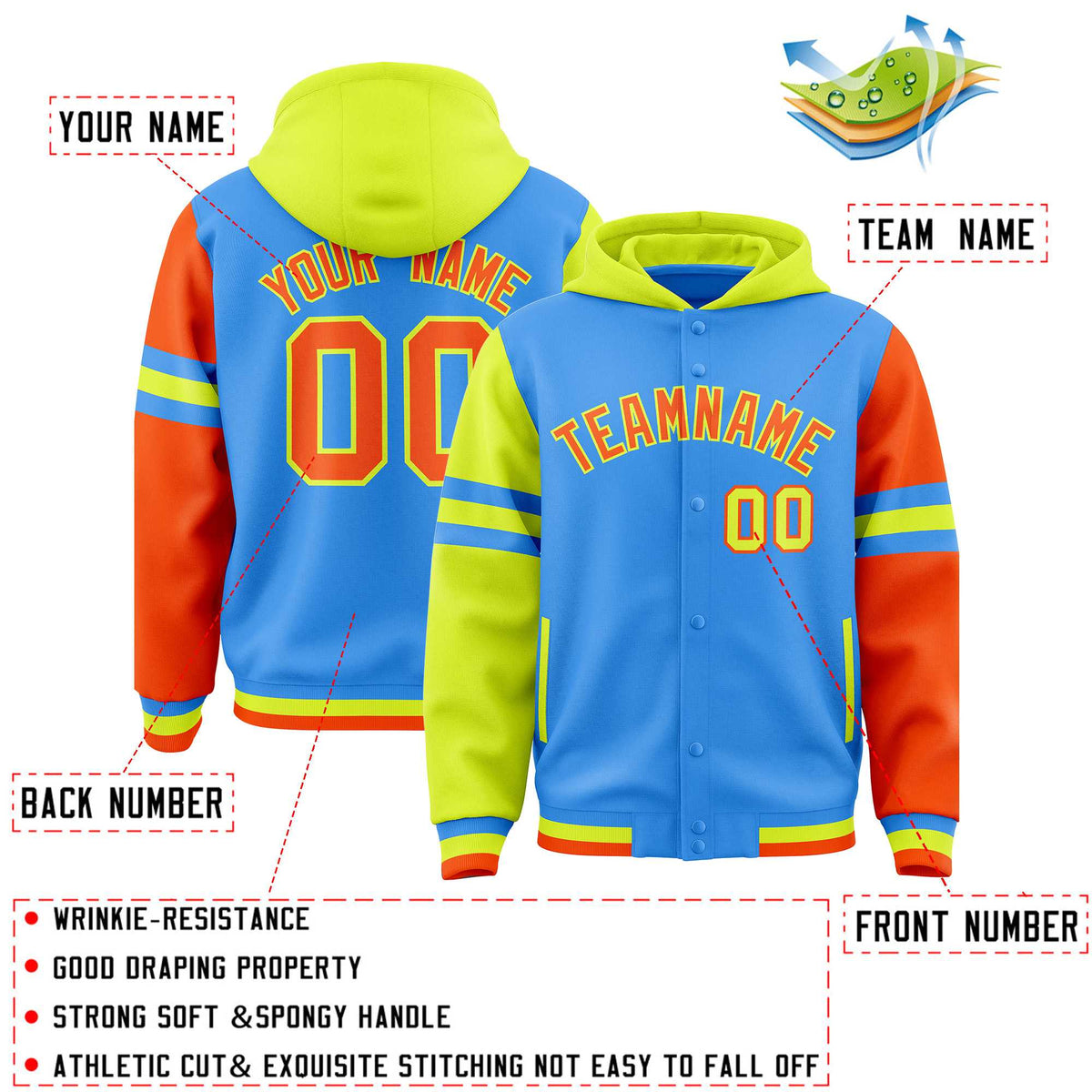 Custom Powder Blue Fluorescent Green-Orange Raglan Sleeves Varsity Full-Snap Letterman Three Stripes Jacket Hoodie| KXKSHOP